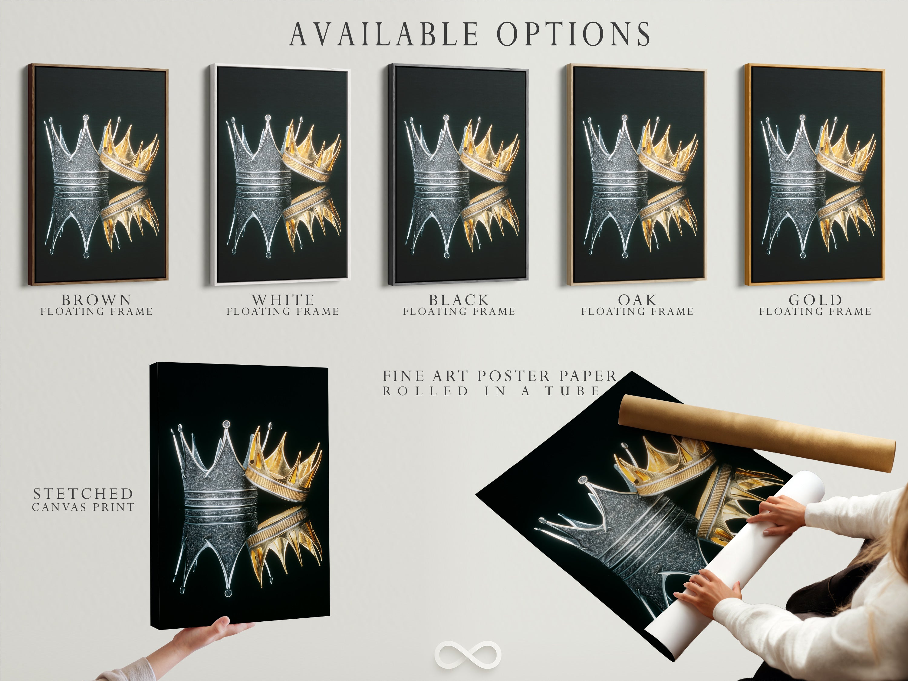 Explore available options for the Crowns Canvas Print. Choose from stretched canvas fine art poster paper or a floating frame. Gold and silver royal crowns artwork to match your style. Enhance your space with regal decor. Perfect royalty gifts available.