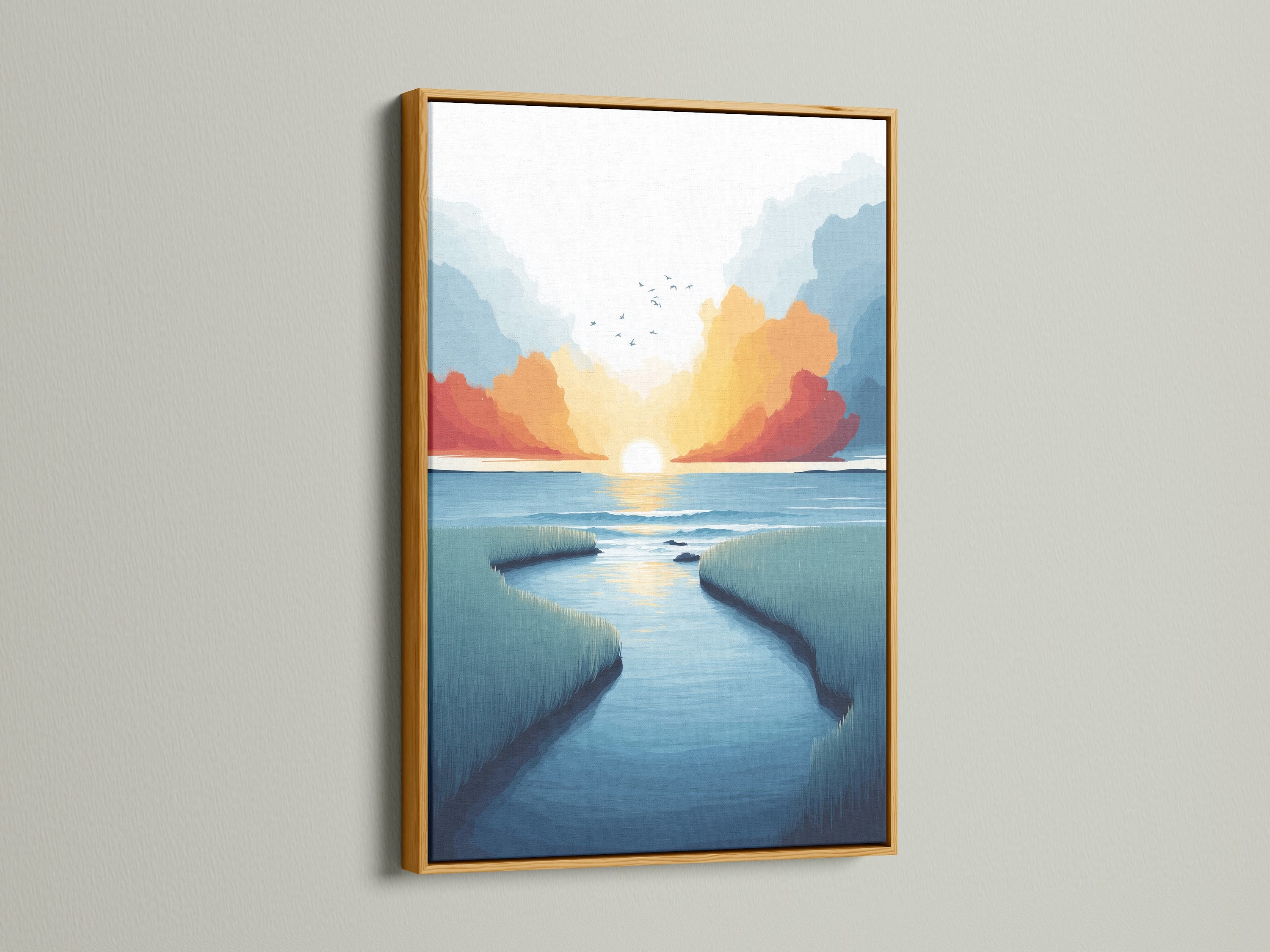 Coastal marsh canvas print in a gold frame. This seascape print features a vibrant sunset. The teal and coral artwork brings a luxurious feel to any room. Enhance your beach house art with this elegant piece.