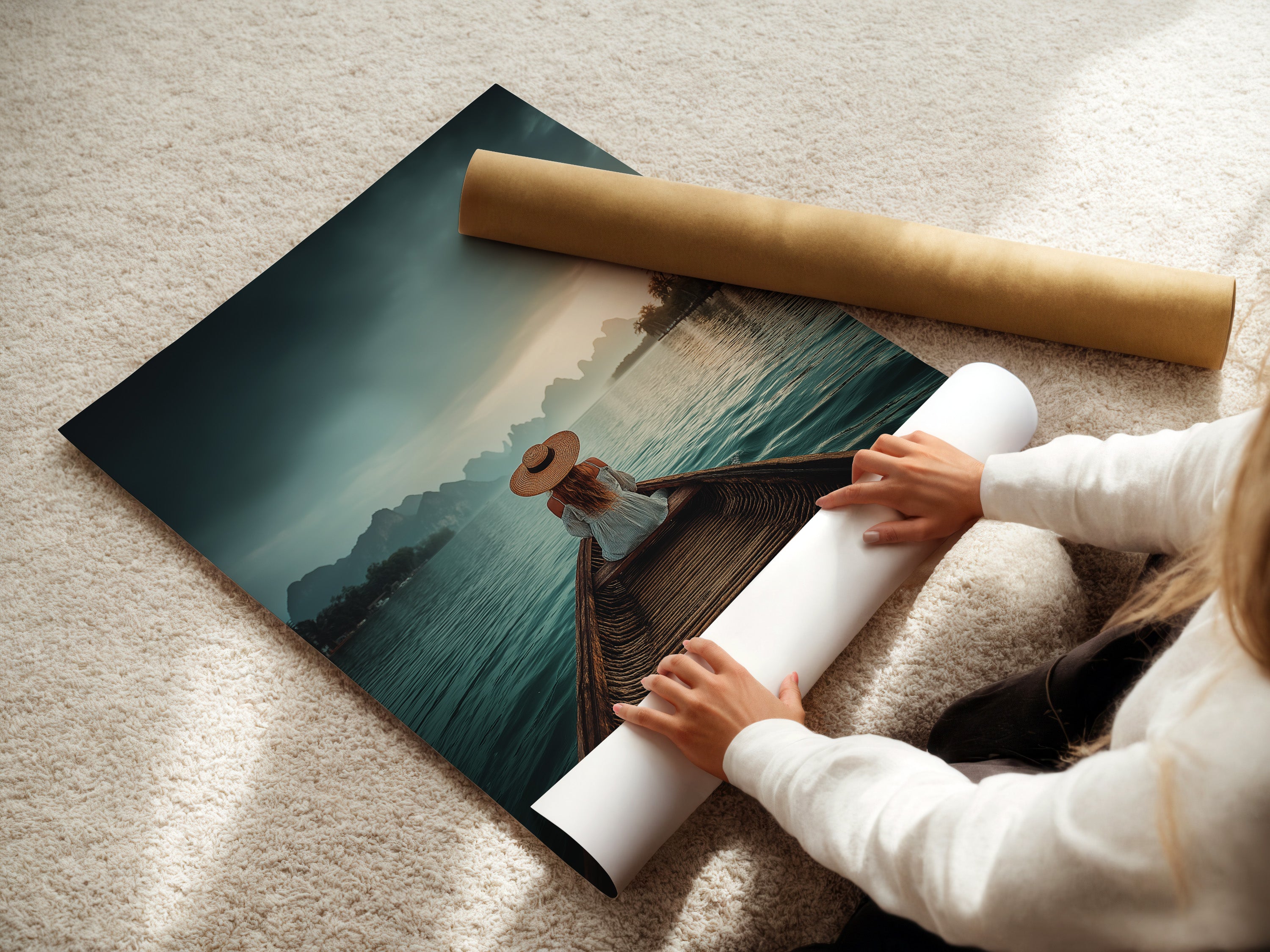 Serene Lake Boat Journey Wall Art - Woman in Straw Hat Mountain Landscape, Tranquil Water Scene, Peaceful Nature Photography Print