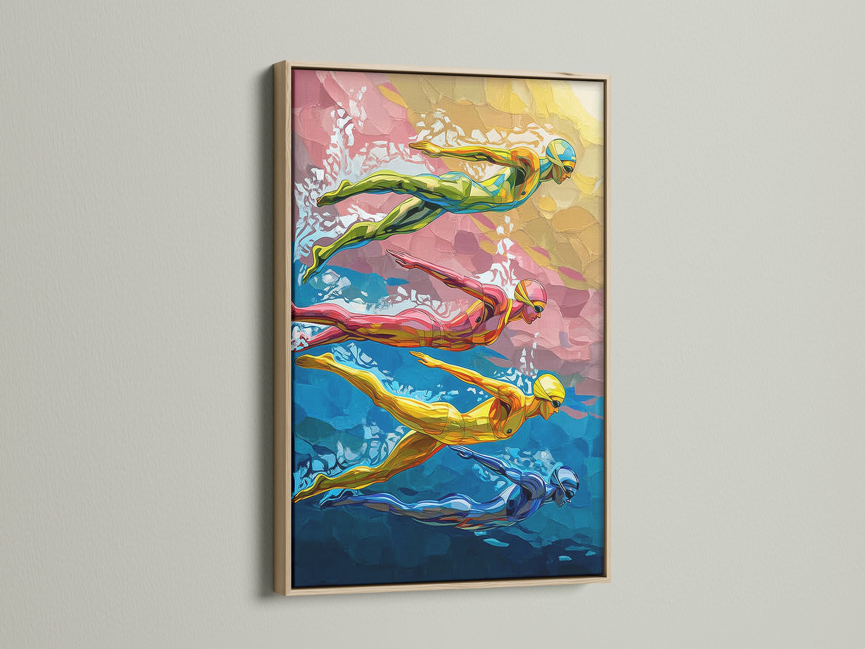 Swimming Pool Art Print displayed in an oak frame. This colorful swimmers artwork adds a touch of style to any room. Ideal sports wall decor for home gyms & recreation rooms. Elevate your interior with this contemporary art.