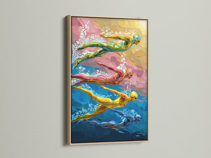 Swimming Pool Art Print displayed in an oak frame. This colorful swimmers artwork adds a touch of style to any room. Ideal sports wall decor for home gyms & recreation rooms. Elevate your interior with this contemporary art.