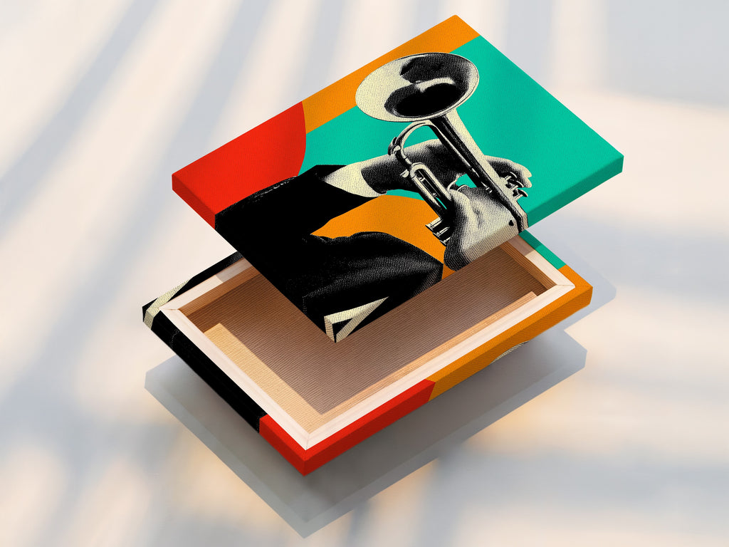 A stretched canvas print displays the jazz trumpet artwork. The canvas texture enhances the mid-century modern style. Ready to hang this piece adds instant sophistication. It is perfect for living rooms or music studios. Explore our range of musical canvas art now. Find the perfect piece.