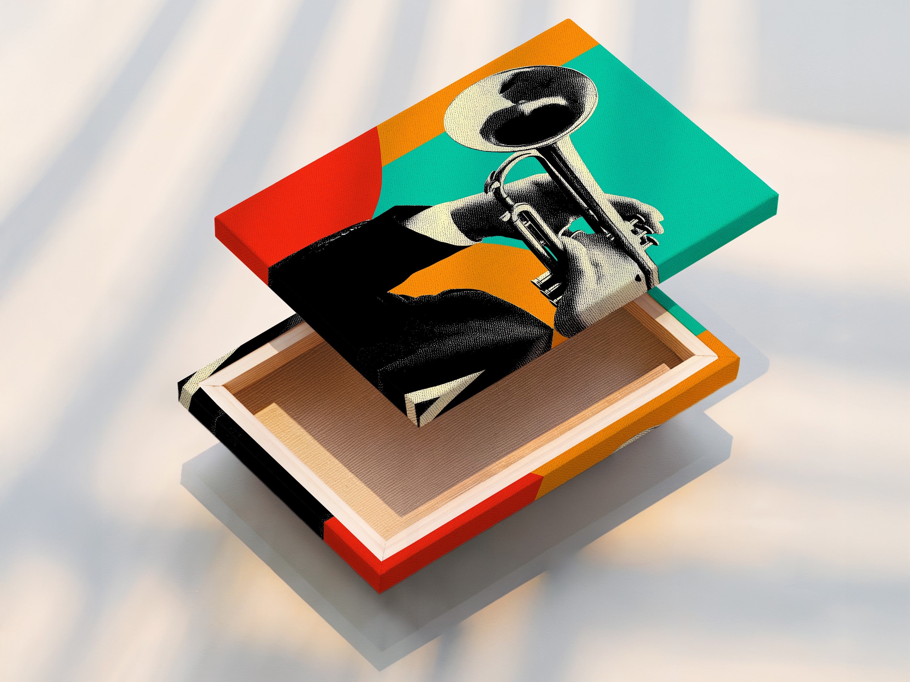 A stretched canvas print of the Trumpet Player artwork is on display. This jazz music print is perfect for any room. The retro style instrument print enhances a music studio. The stretched canvas ensures a gallery-ready look for your vintage art.