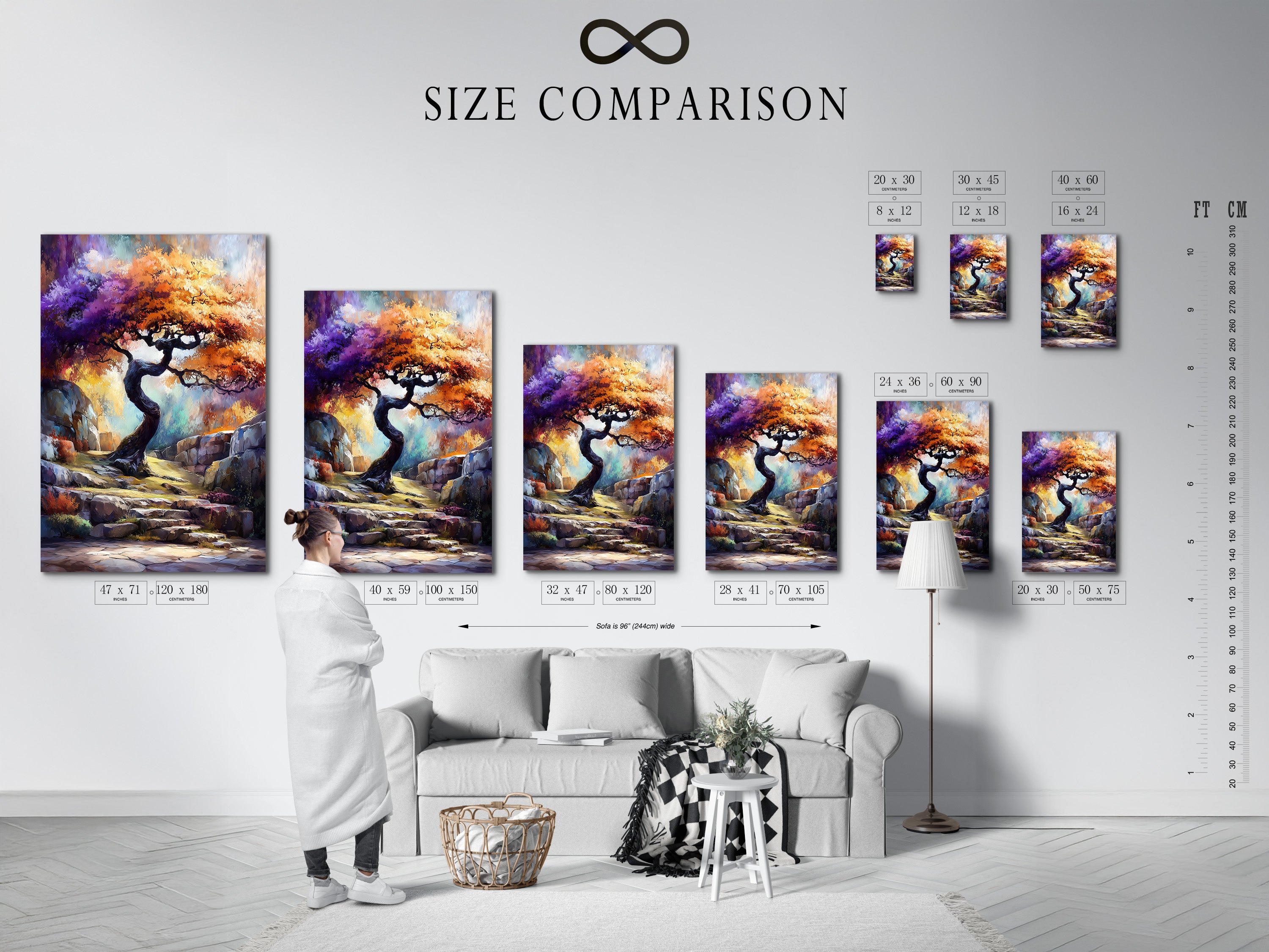 Size comparison chart in an interior setting. See how the mystical tree artwork fits in your space. This fantasy landscape wall art comes in various sizes. The colorful nature artwork is perfect for any wall.