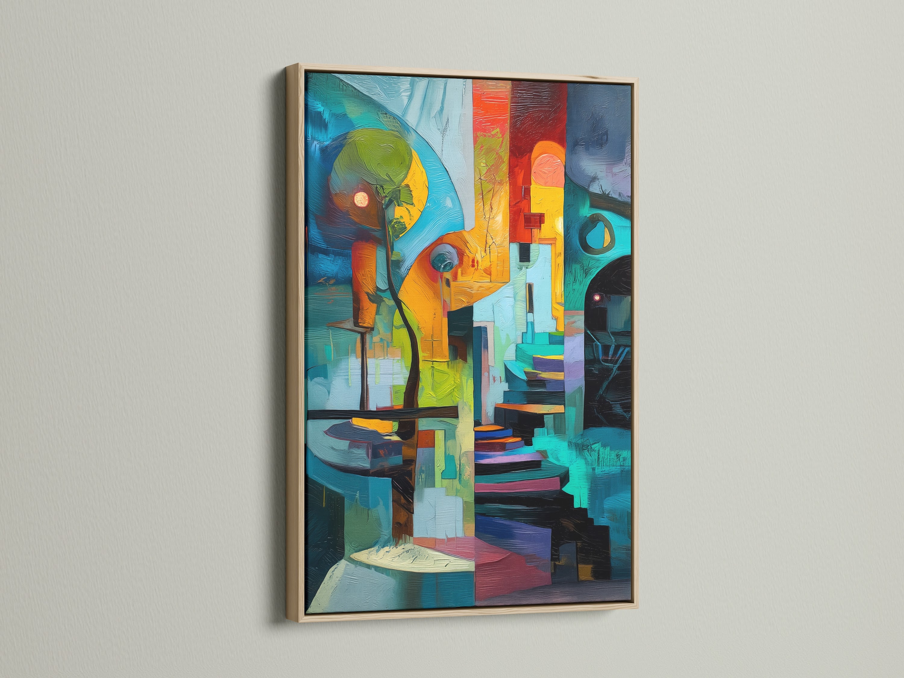The oak frame showcases an abstract geometric print. The artwork features teal and orange colors. This modern canvas art elevates any space. It's perfect for living rooms or offices. The print blends seamlessly into minimalist and Scandinavian interiors. Homeowners and designers love this contemporary art.