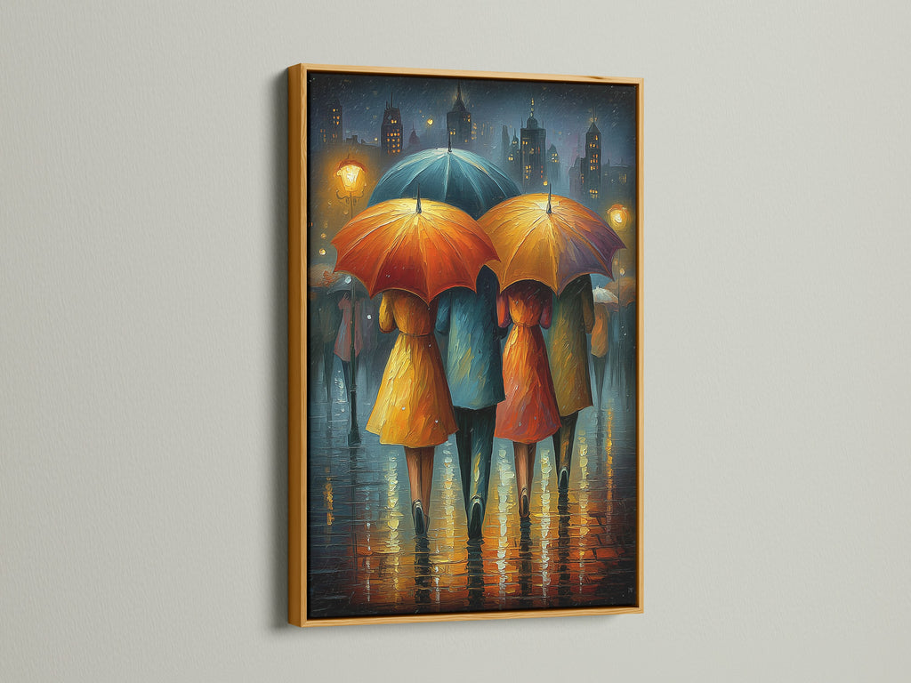 This image shows the Rainy City art in a gold frame. The umbrella artwork brings a pop of color to your walls. This modern print is ideal for adding sophistication to your home or business. Elevate your space today.
