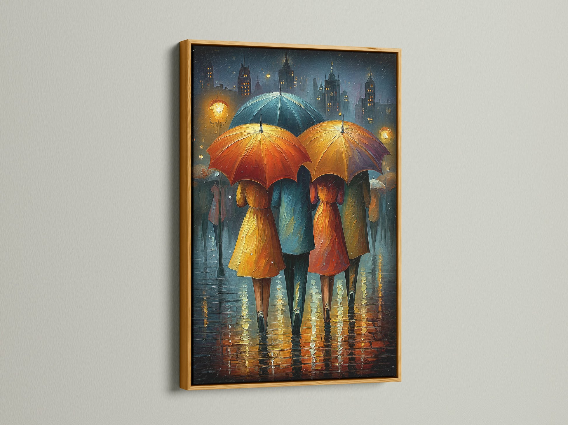 This image shows the Rainy City art in a gold frame. The umbrella artwork brings a pop of color to your walls. This modern print is ideal for adding sophistication to your home or business. Elevate your space today.