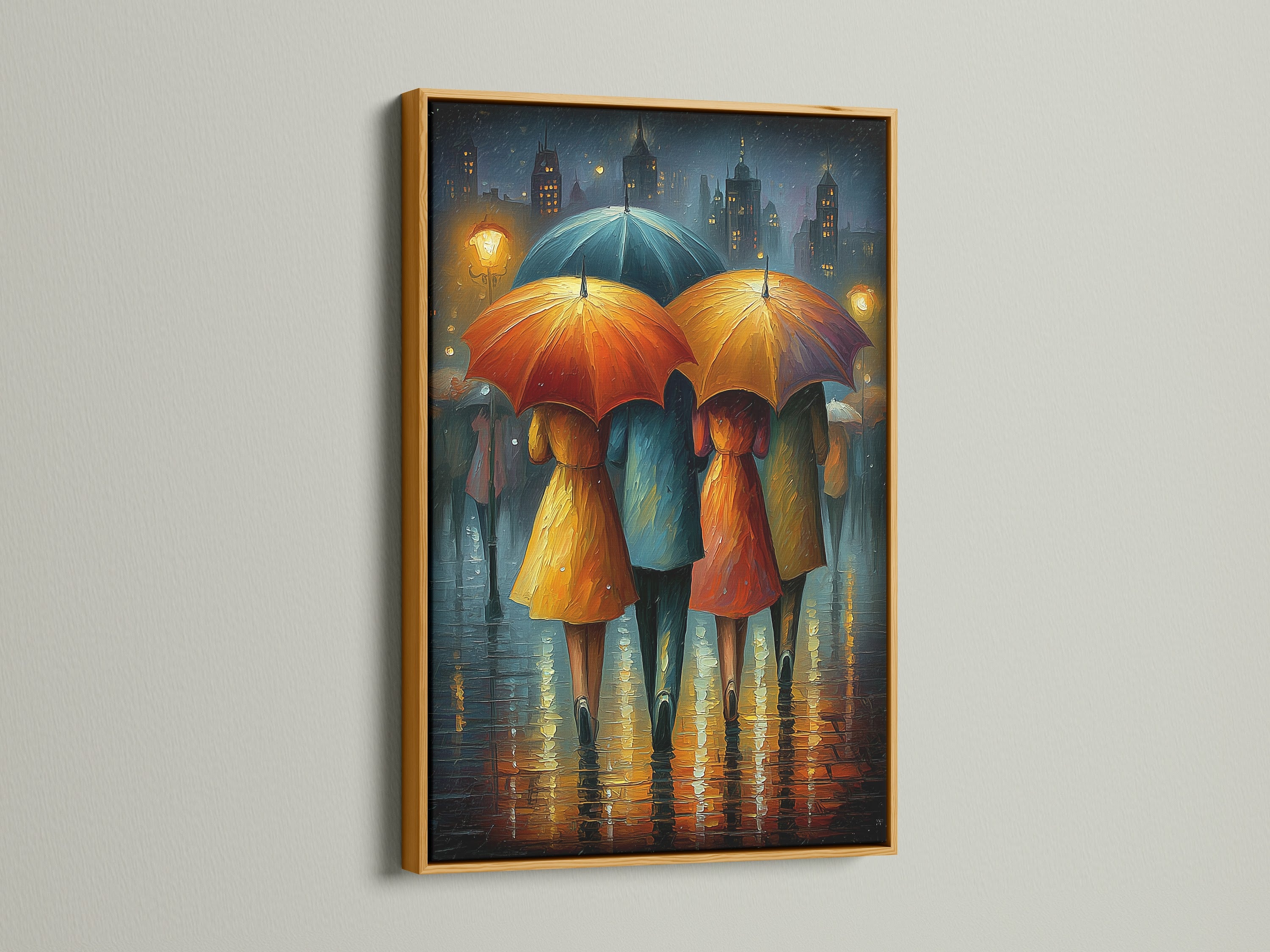 This image shows the Rainy City art in a gold frame. The umbrella artwork brings a pop of color to your walls. This modern print is ideal for adding sophistication to your home or business. Elevate your space today.