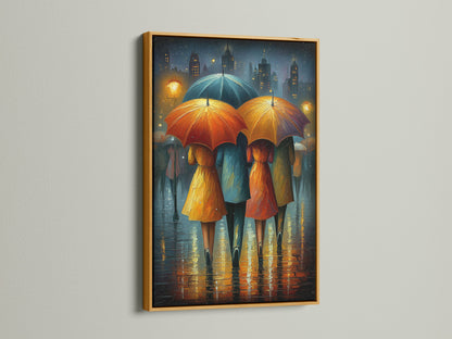 This image shows the Rainy City art in a gold frame. The umbrella artwork brings a pop of color to your walls. This modern print is ideal for adding sophistication to your home or business. Elevate your space today.