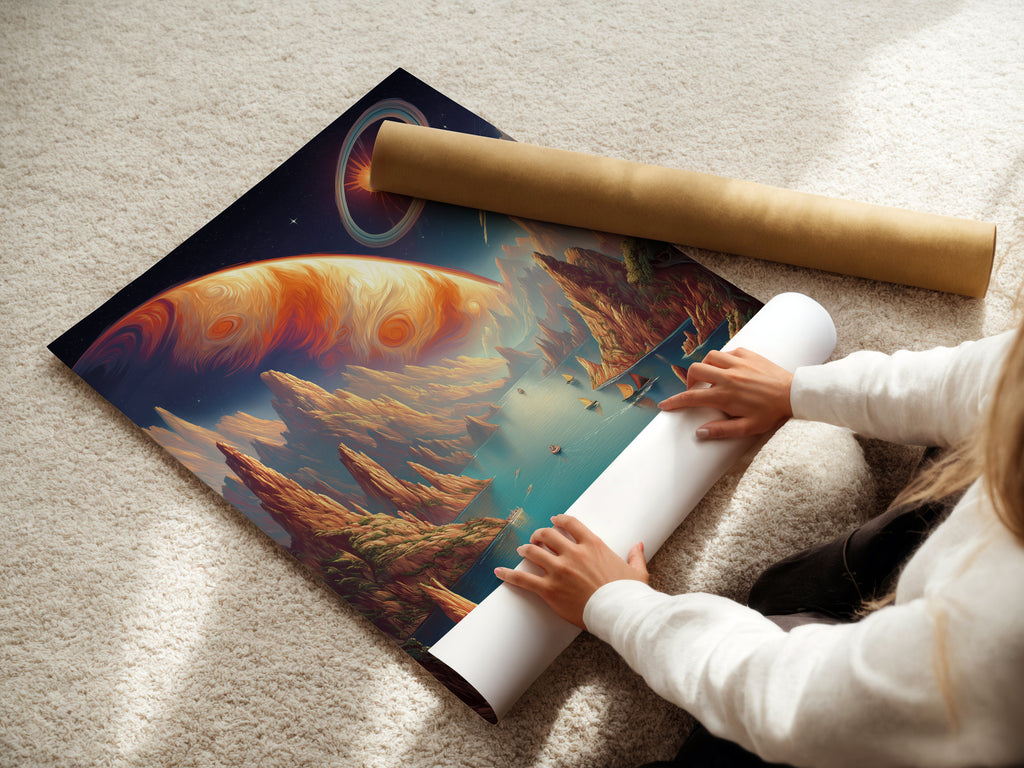 A woman carefully rolls a fine art poster paper. The paper features a cosmic landscape artwork with surreal planets and vibrant colors. This high-quality print is perfect for creating stunning wall art displays.