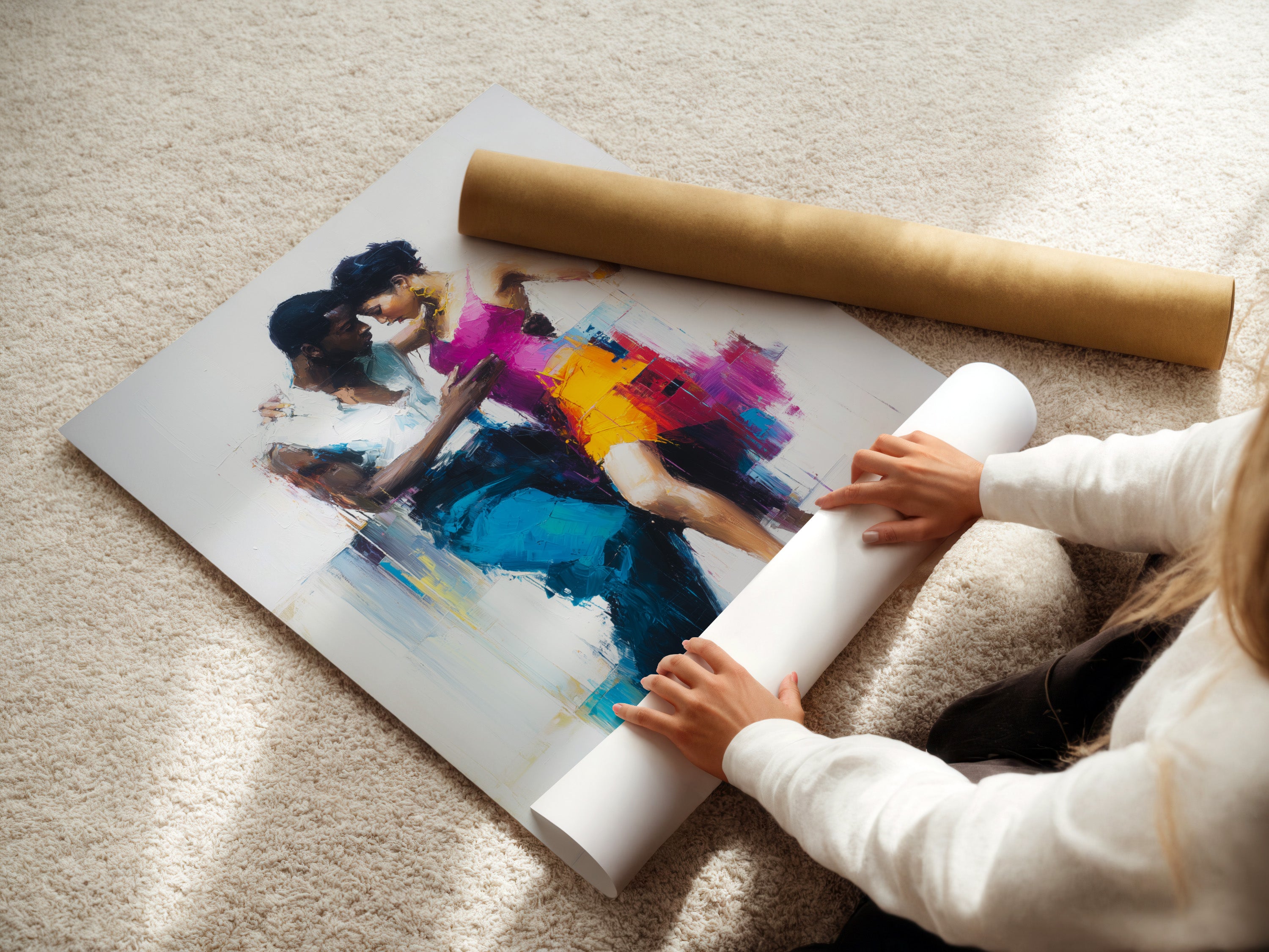 A woman is carefully rolling a fine art poster paper. The paper is of high quality. It is ready for printing a beautiful artwork. The scene highlights the care and precision. It goes into creating fine art. The rolled poster is neat and professional. It shows the dedication to art. This image represents the start of a masterpiece.