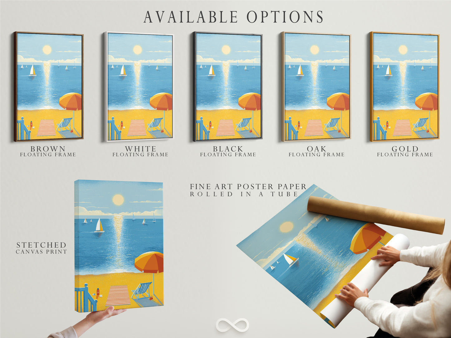Explore available options for our beach scene artwork. Choose from stretched canvas print fine art poster paper or a floating frame. Coastal canvas art to suit your style. Enhance your space today.