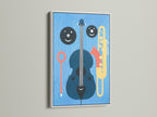 Modern abstract jazz wall art with a cello trumpet and other instruments. The artwork is displayed in a clean white frame. Perfect for adding a touch of music themed art to any room or studio space.