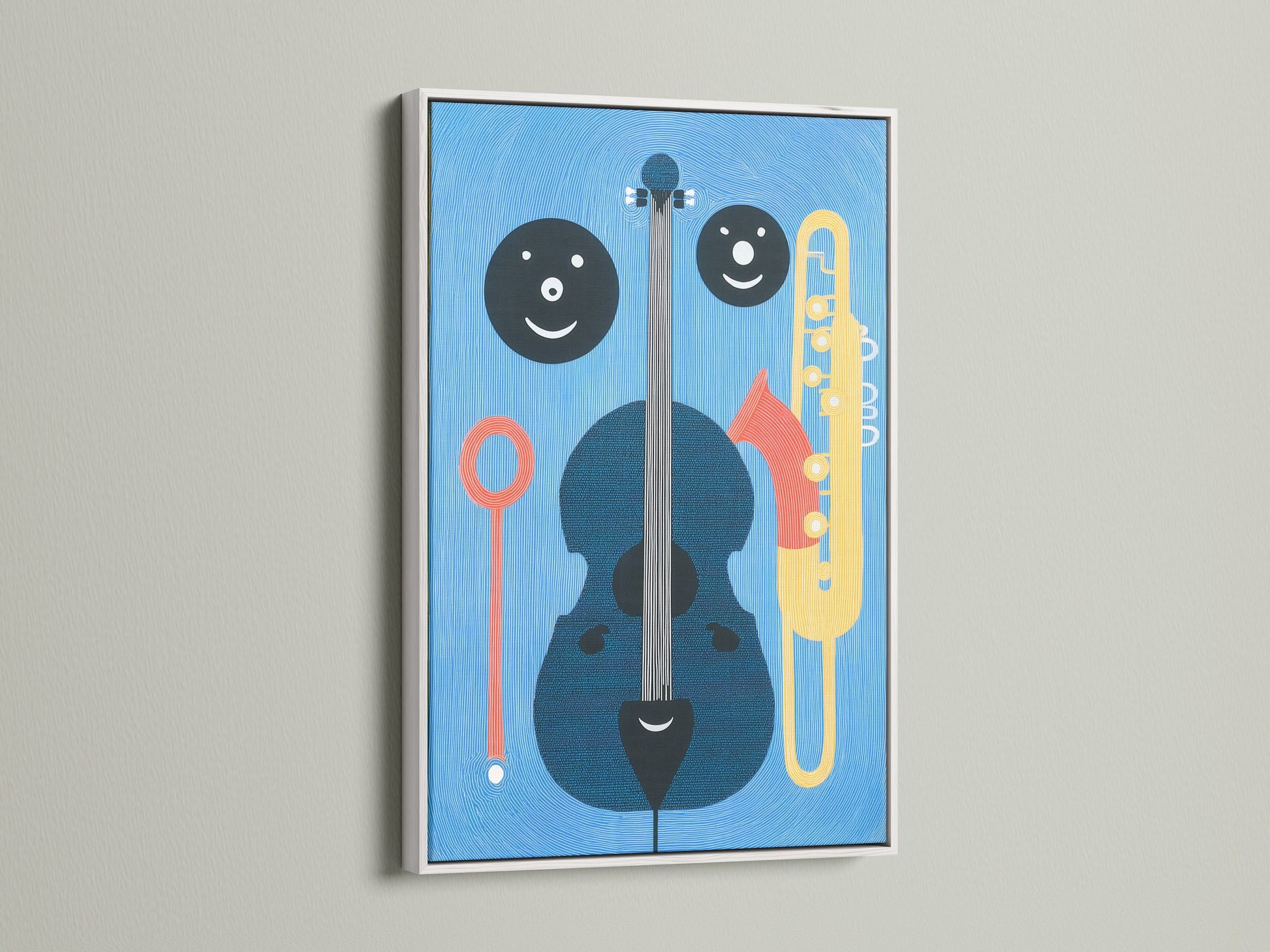 Modern abstract jazz wall art with a cello trumpet and other instruments. The artwork is displayed in a clean white frame. Perfect for adding a touch of music themed art to any room or studio space.