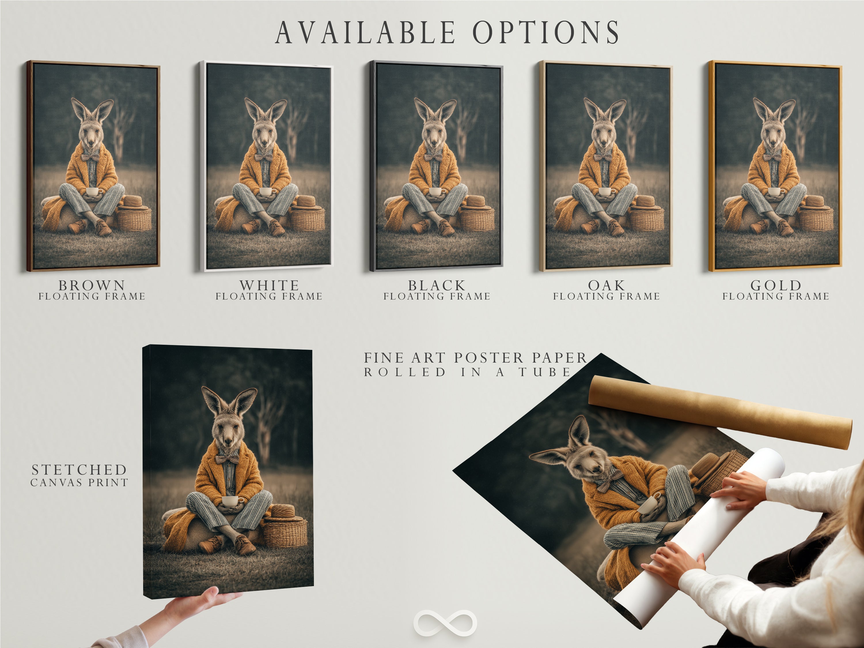 Explore available options for this rabbit artwork. Choose from stretched canvas print fine art poster paper or floating frame. Customize your art to suit your style. Ideal for personalizing your home decor. Perfect for creating a unique statement. Select the option that best fits your space. Enjoy this whimsical art in your home.
