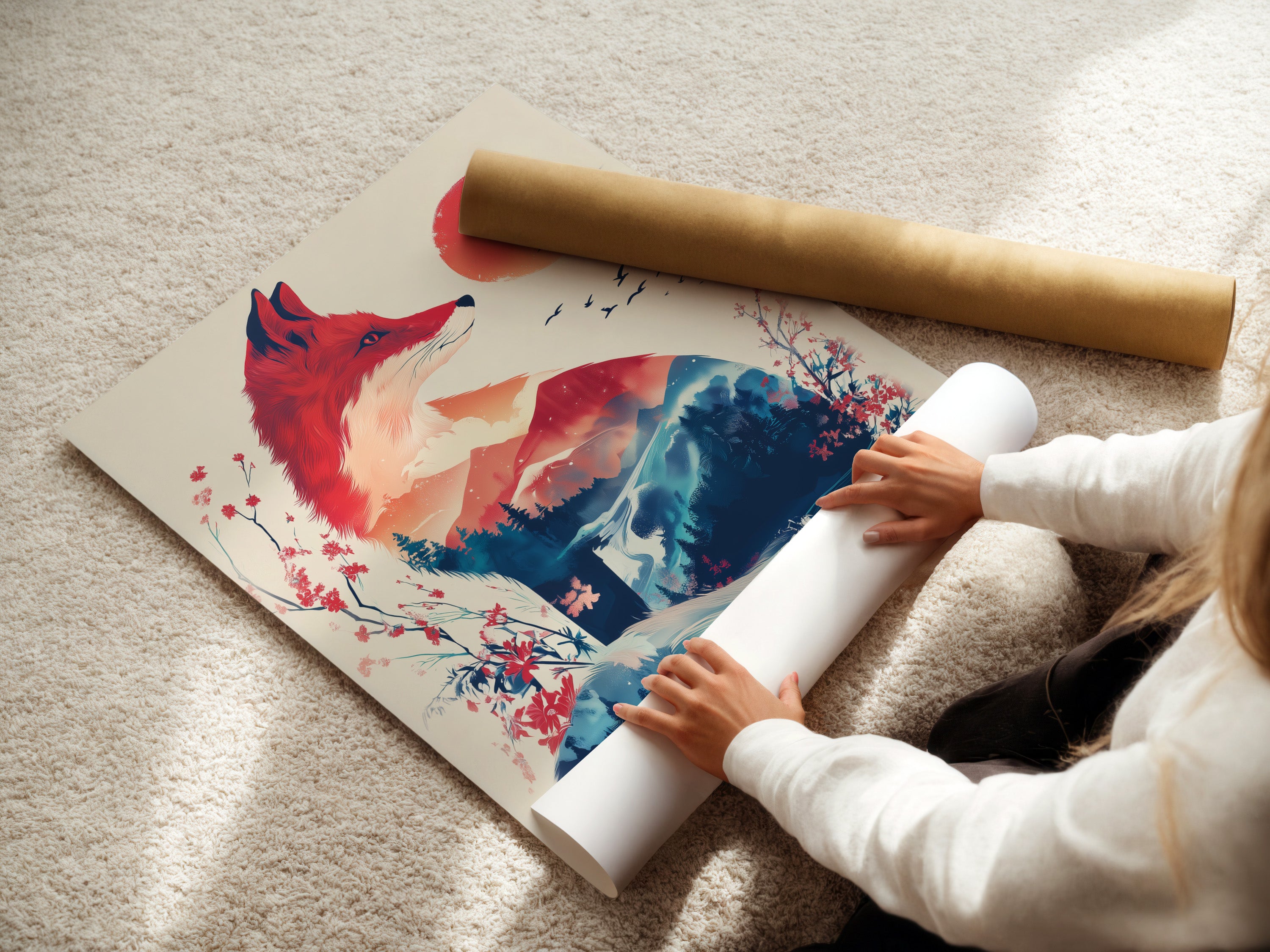 A woman is carefully rolling a fine art poster paper. The poster paper is high-quality. It will ensure a pristine artwork. This poster paper is ideal for preserving art. It is great for professional displays.