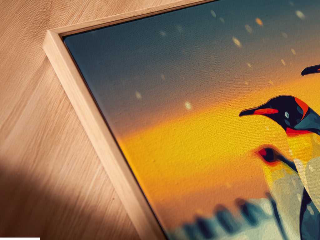 Close-up of penguin artwork in a floating frame. The floating frame gives the illusion that the canvas is floating. It adds depth and dimension to the arctic animal art. It is a unique display option.