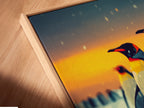 Close-up of penguin artwork in a floating frame. The floating frame gives the illusion that the canvas is floating. It adds depth and dimension to the arctic animal art. It is a unique display option.