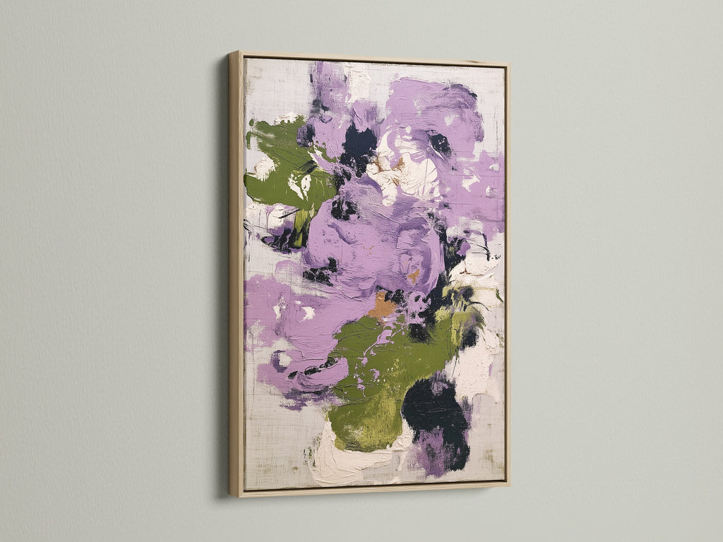 Abstract floral artwork featuring purple and green colors in an oak frame. This modern canvas art brings a contemporary feel to any room. The botanical print is perfect for adding a touch of nature and elegance to bedroom wall decor.