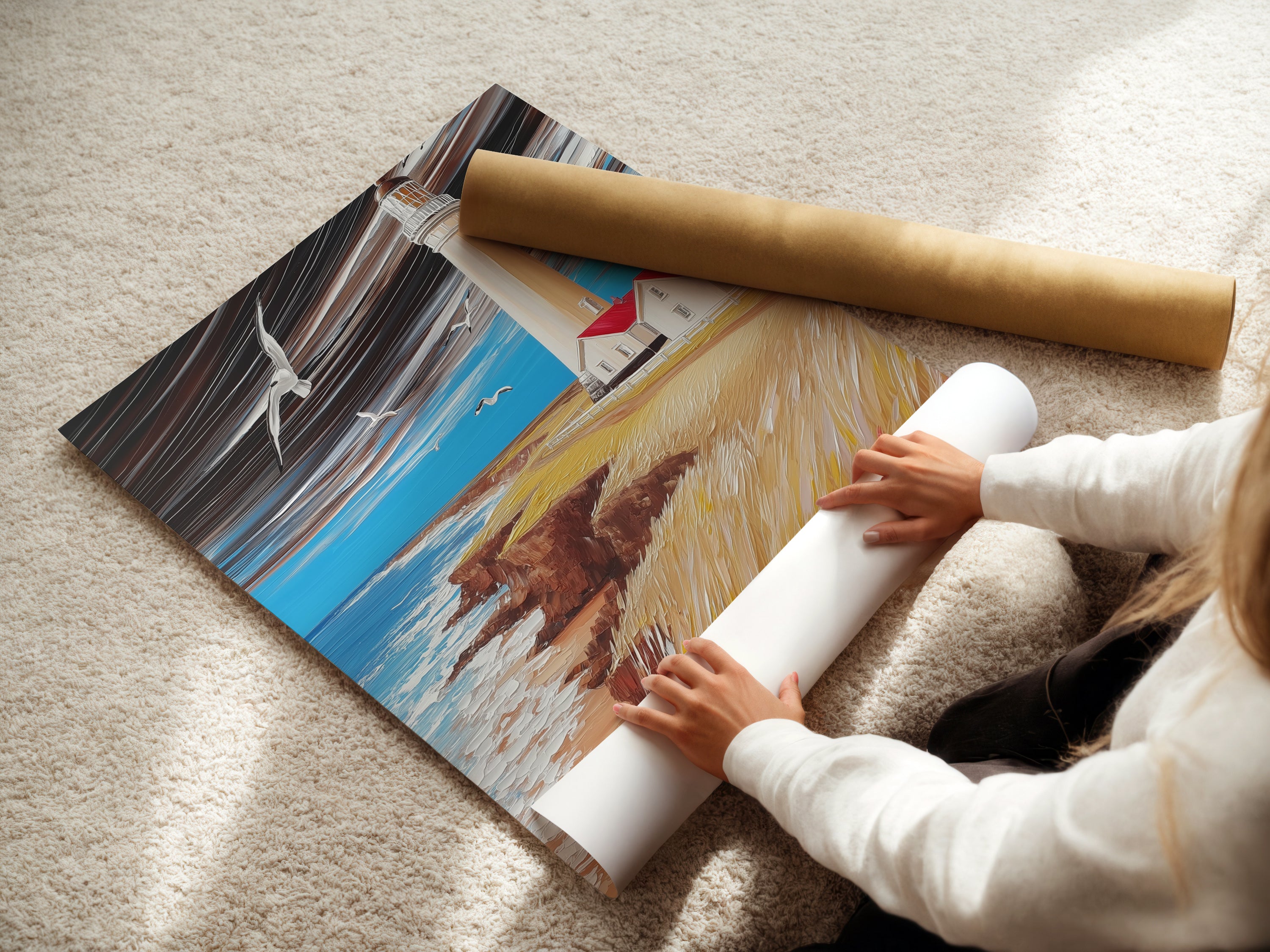 A woman carefully rolling a fine art poster paper of a lighthouse artwork. High-quality coastal art for nautical decor. Perfect seascape for beach house walls. Choose fine art for your space.
