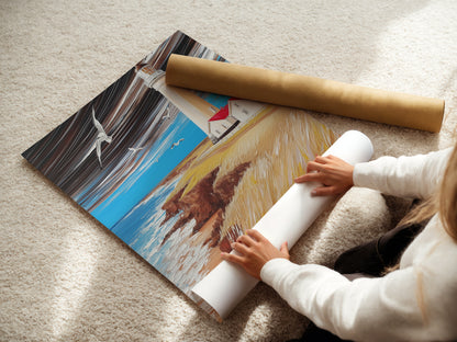 A woman carefully rolling a fine art poster paper of a lighthouse artwork. High-quality coastal art for nautical decor. Perfect seascape for beach house walls. Choose fine art for your space.