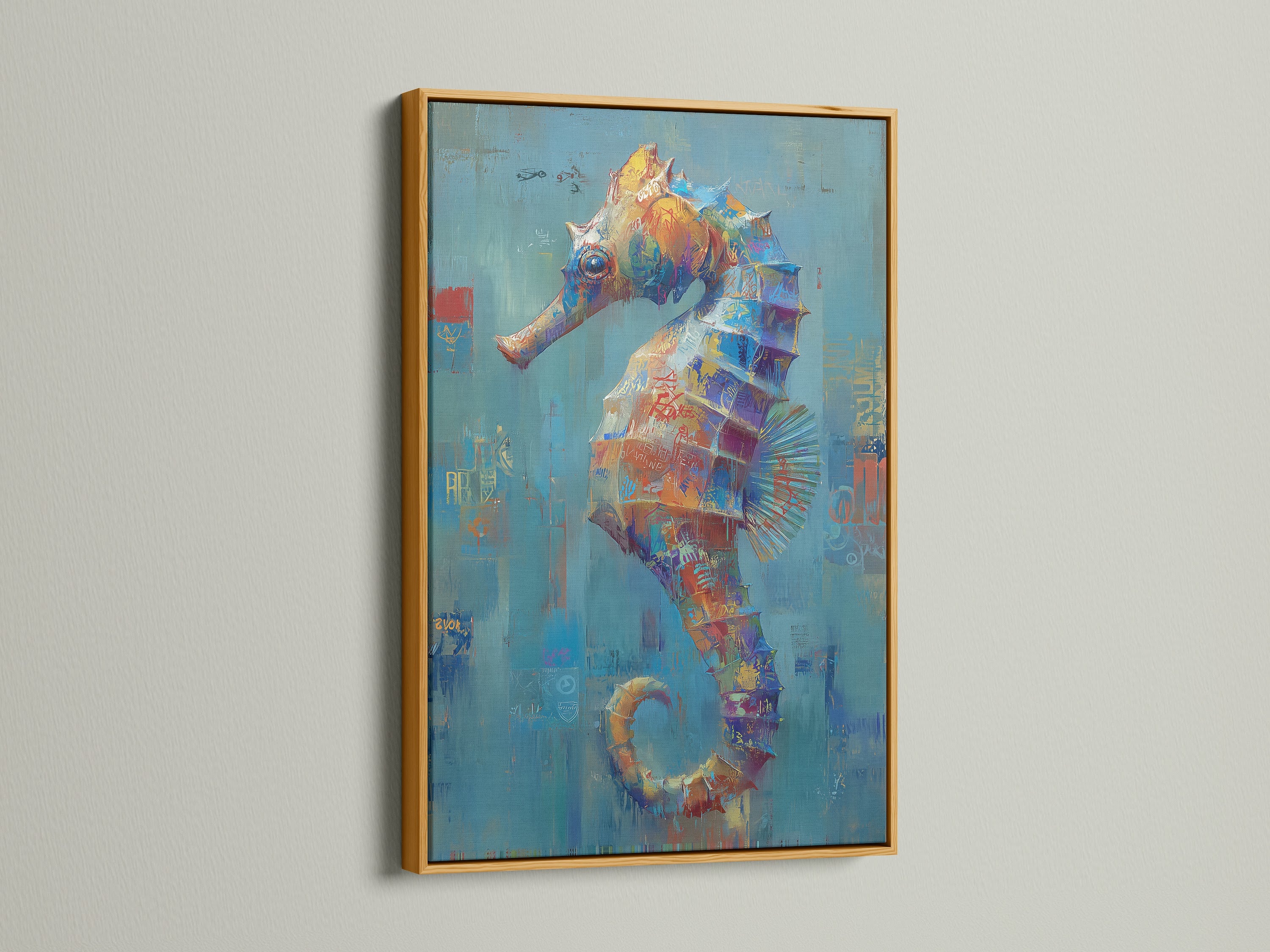 Seahorse abstract art print in a gold frame. This colorful seahorse artwork adds a touch of elegance to your walls. The ocean canvas print brings marine art into your home. Perfect for coastal decor.