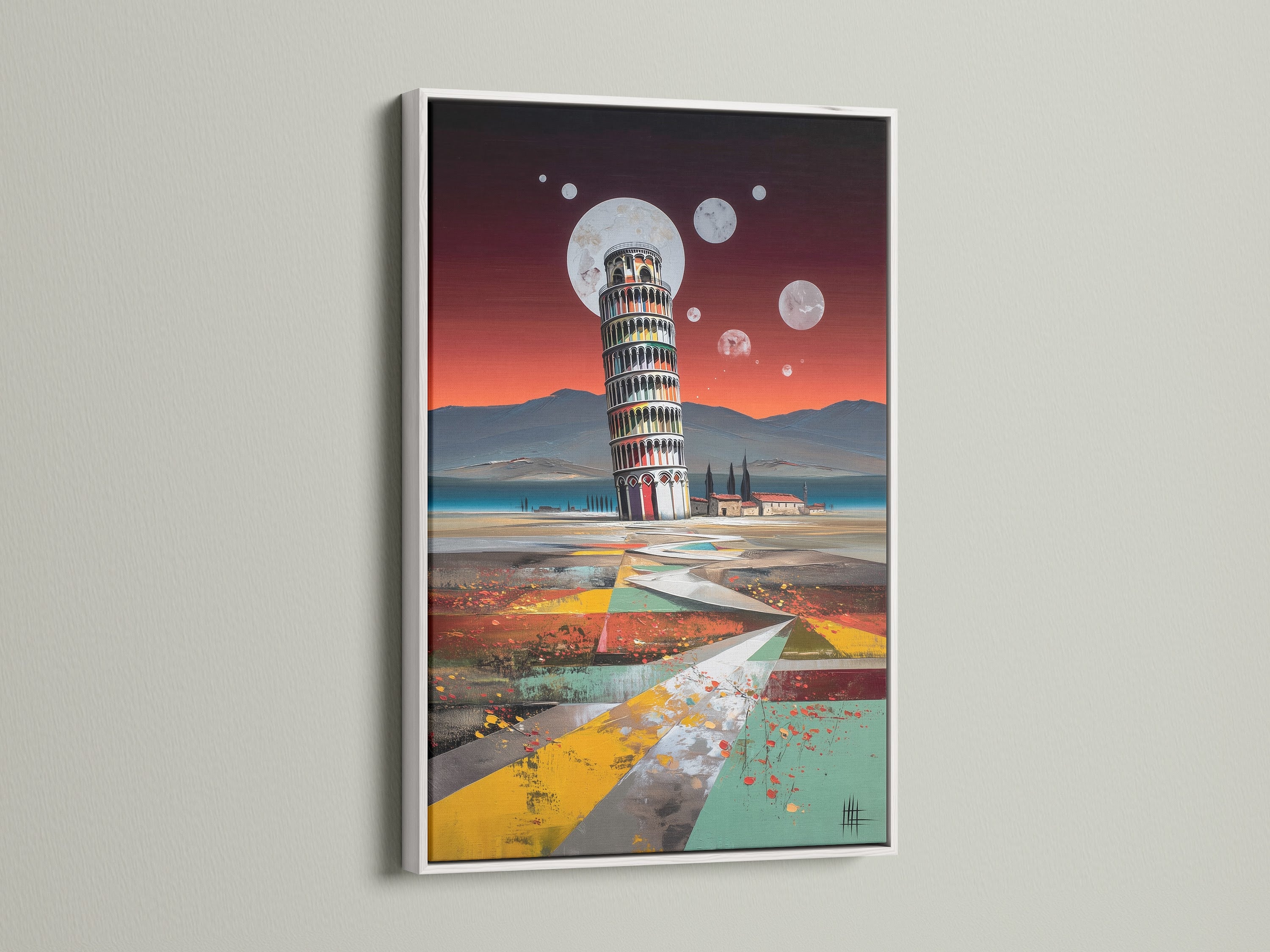 Showcase your modern artwork with a sleek white frame. This frame offers a clean and contemporary aesthetic. Perfect for pisa tower art abstract landscape or geometric abstract prints. This frame will brighten any living room wall art or home office wall art. See how a white frame enhances travel wall art.