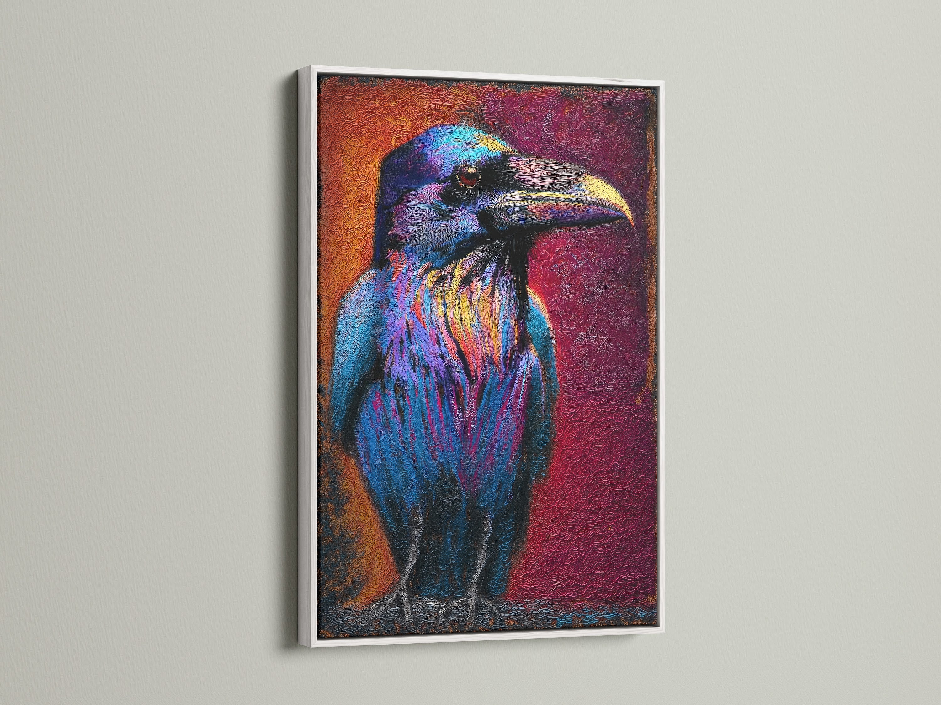 Artwork featuring a colorful raven in a white frame. The white frame provides a clean look. This artwork enhances any room. It is a perfect addition to modern and minimalist interiors. The contrast makes the art pop.