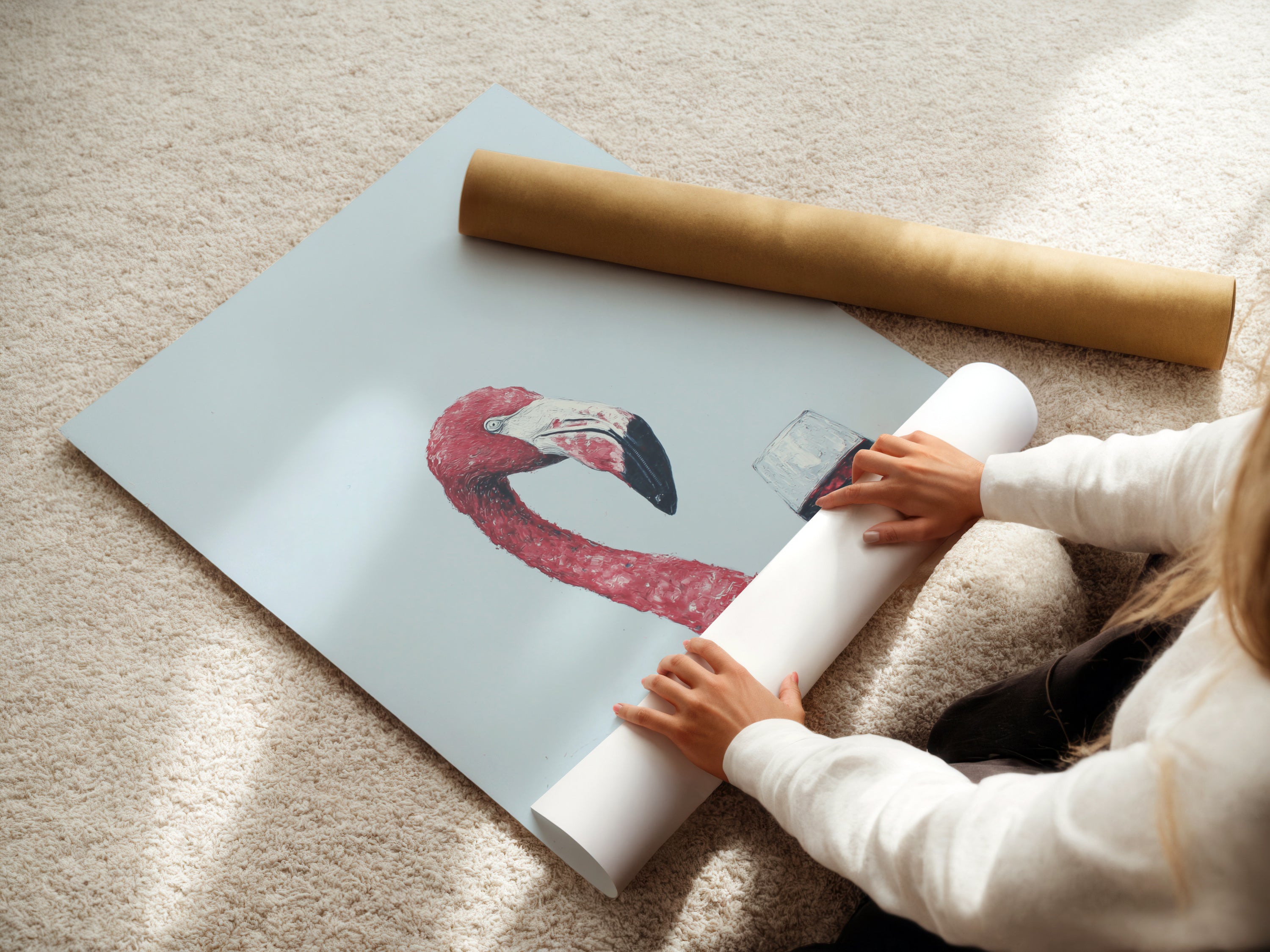 A woman carefully rolls a fine art poster paper print. High-quality materials ensures lasting beauty. Perfect for any wall art collection. Shop now for unique artwork.