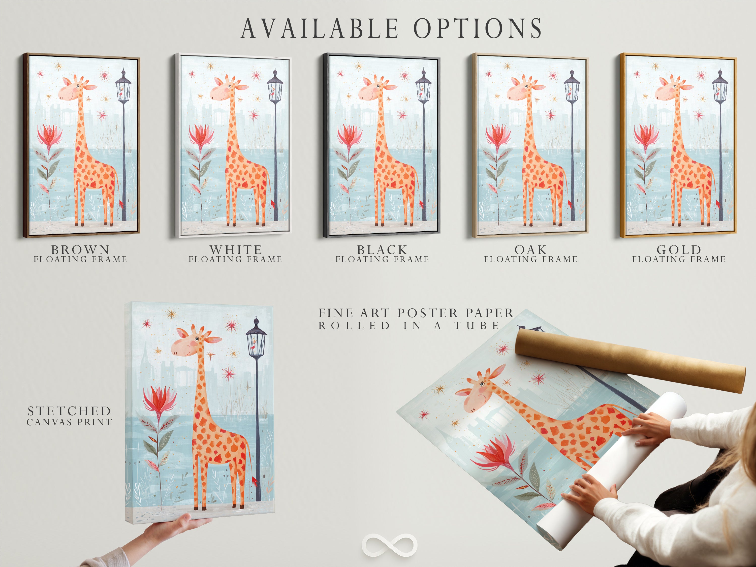 Explore available options for this giraffe artwork. Choose from a stretched canvas print fine art poster paper or a floating frame. Customize your nursery wall art to match your style. Create a unique space today.