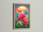 Tropical flower art in an oak frame hangs on a white wall. The sunset background complements the pink hibiscus and plumeria. The frame enhances the artwork. Discover how an oak frame can elevate your space. Shop now to find your style.