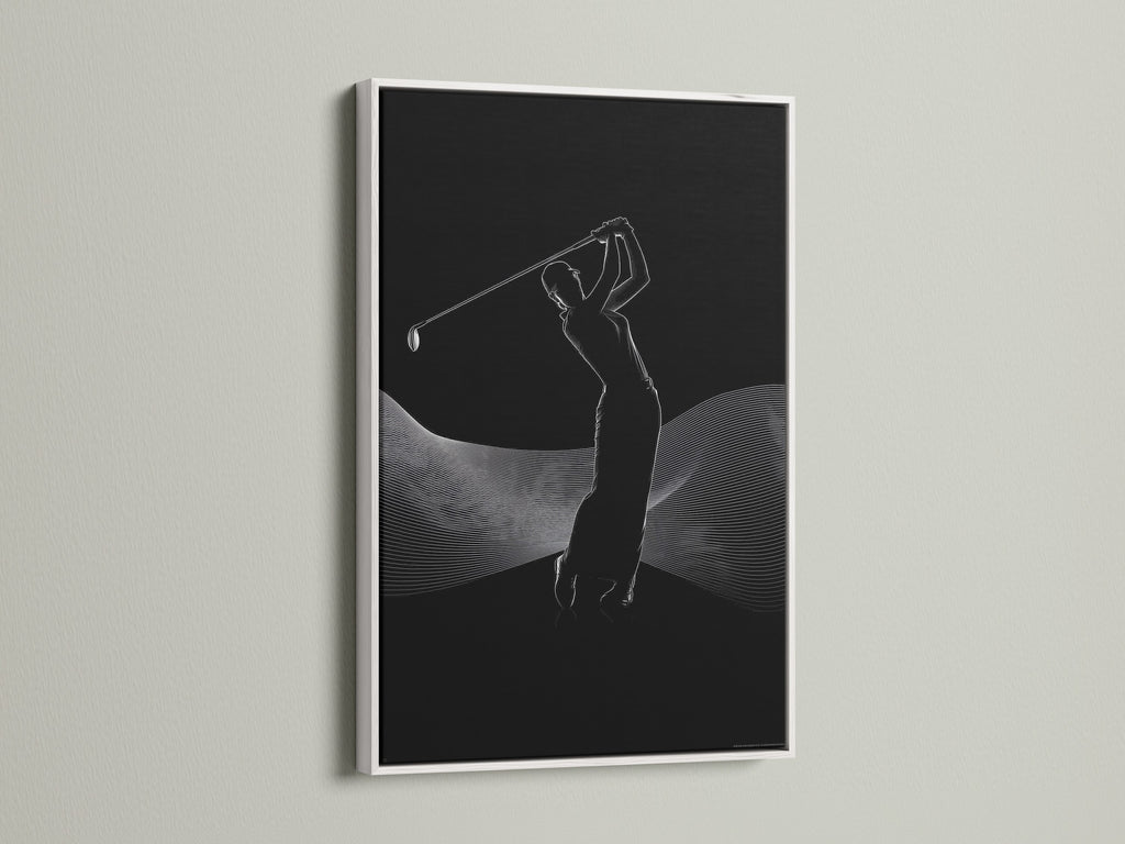 Enhance your space with this golf swing art print. It features a clean white frame for a fresh look. This minimalist sports art is ideal for any golf lover's office. It is also a great addition to a modern man cave.