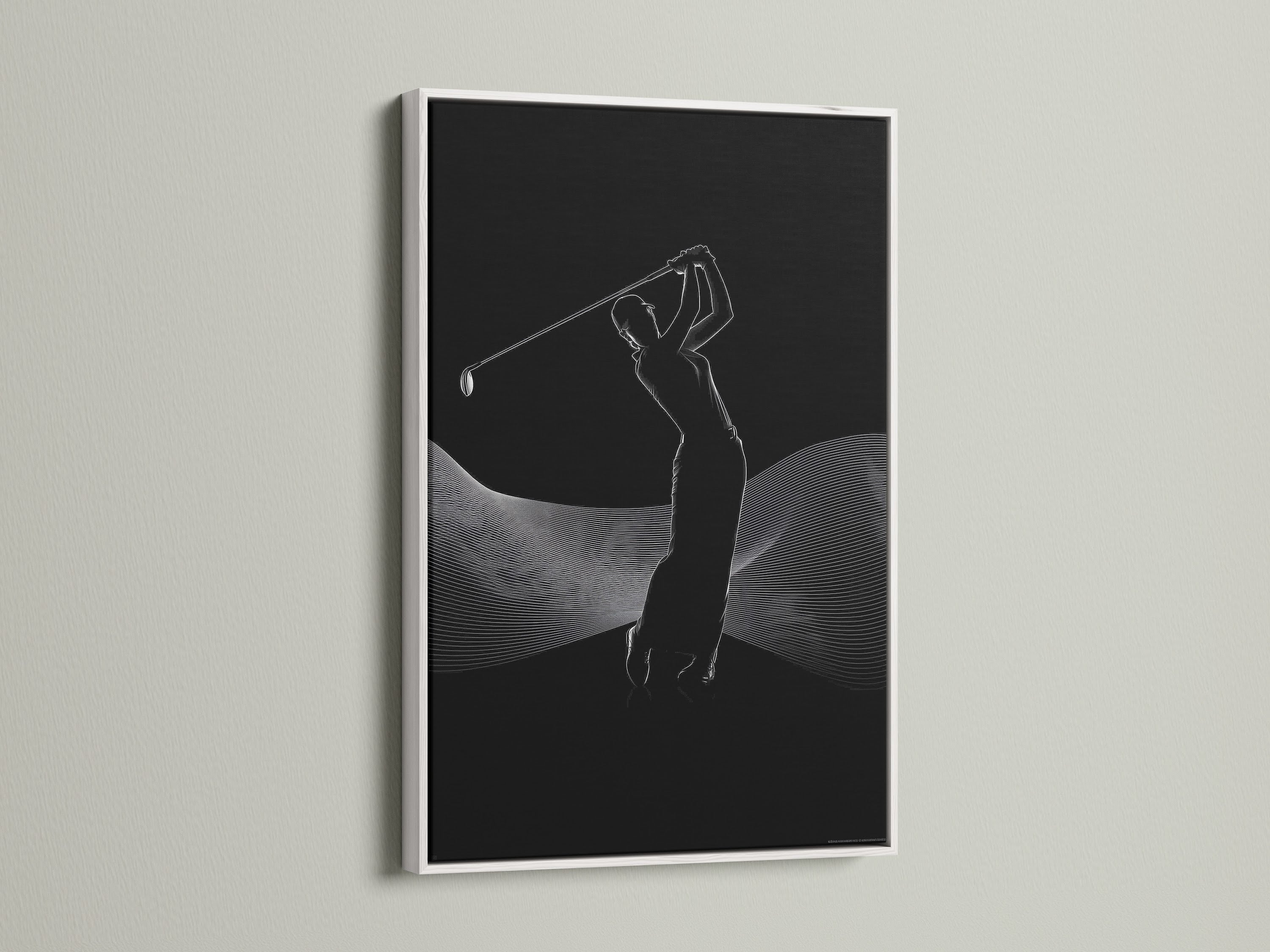 Enhance your space with this golf swing art print. It features a clean white frame for a fresh look. This minimalist sports art is ideal for any golf lover's office. It is also a great addition to a modern man cave.