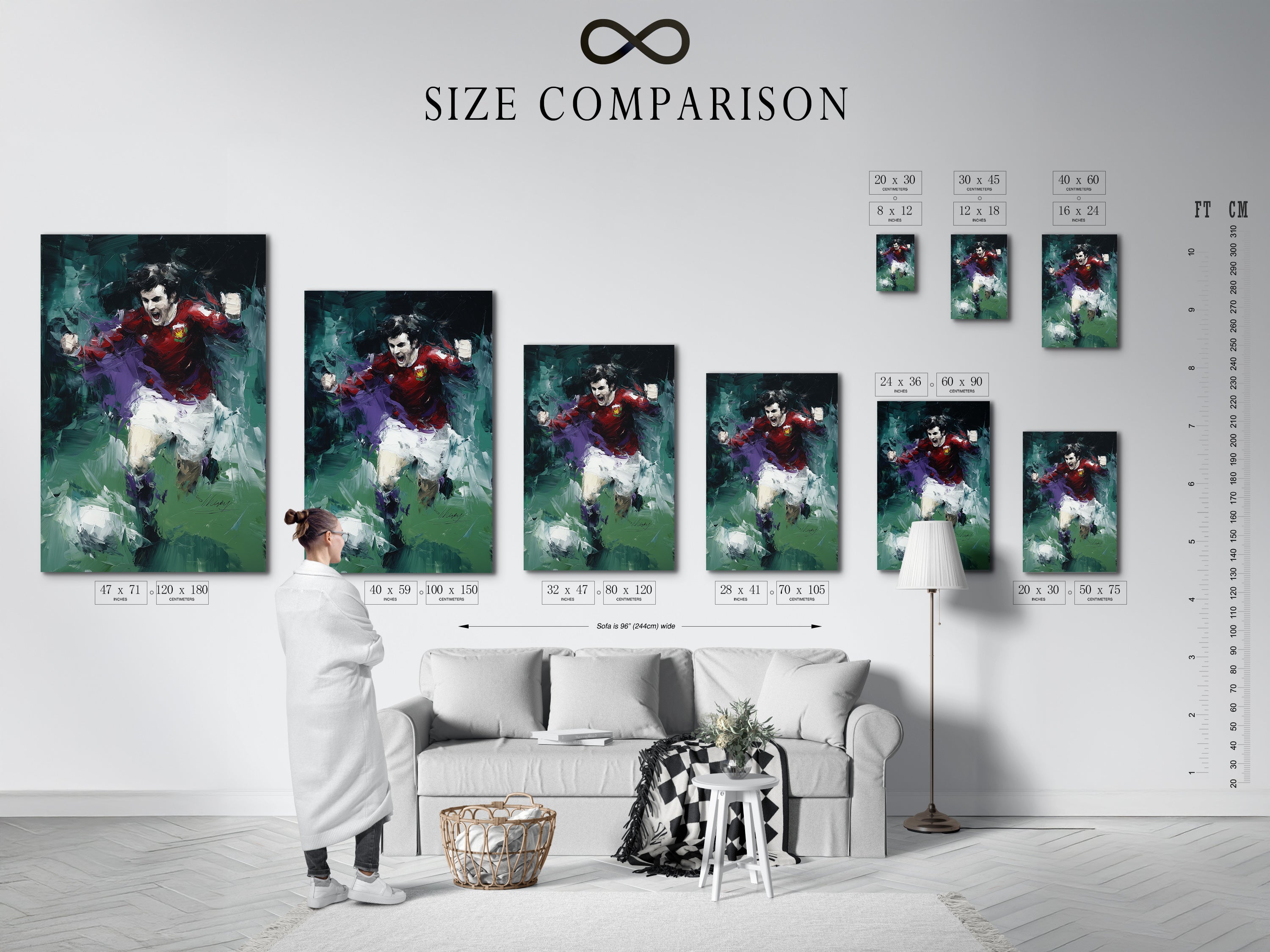 A size comparison chart is displayed in an interior setting. It showcases the different sizes available for the soccer player art. This dynamic action painting will enhance living rooms bedrooms offices or man caves. It is perfect for any sports enthusiast.