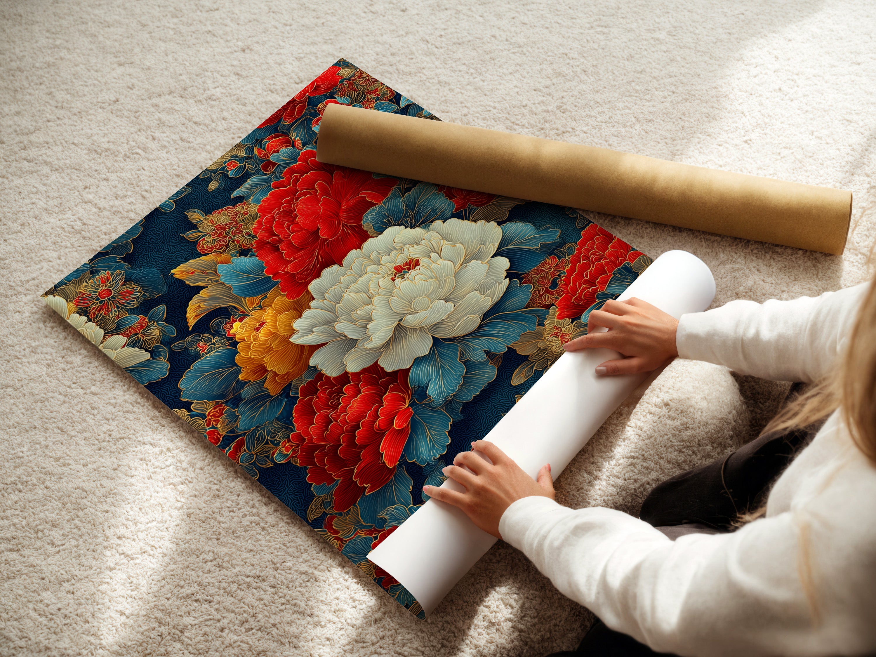 Vintage Peony Canvas Print - Asian Floral Wall Art, Traditional Botanical Art for Living Room Decor