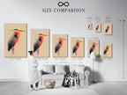 A size comparison chart in an interior setting. Visualize the perfect size for your heron artwork. Choose the ideal dimensions for your bird canvas print. This chart helps you plan your coastal wall art. Find the right fit for your modern nature art. Enhance your space with the perfect-sized artwork.
