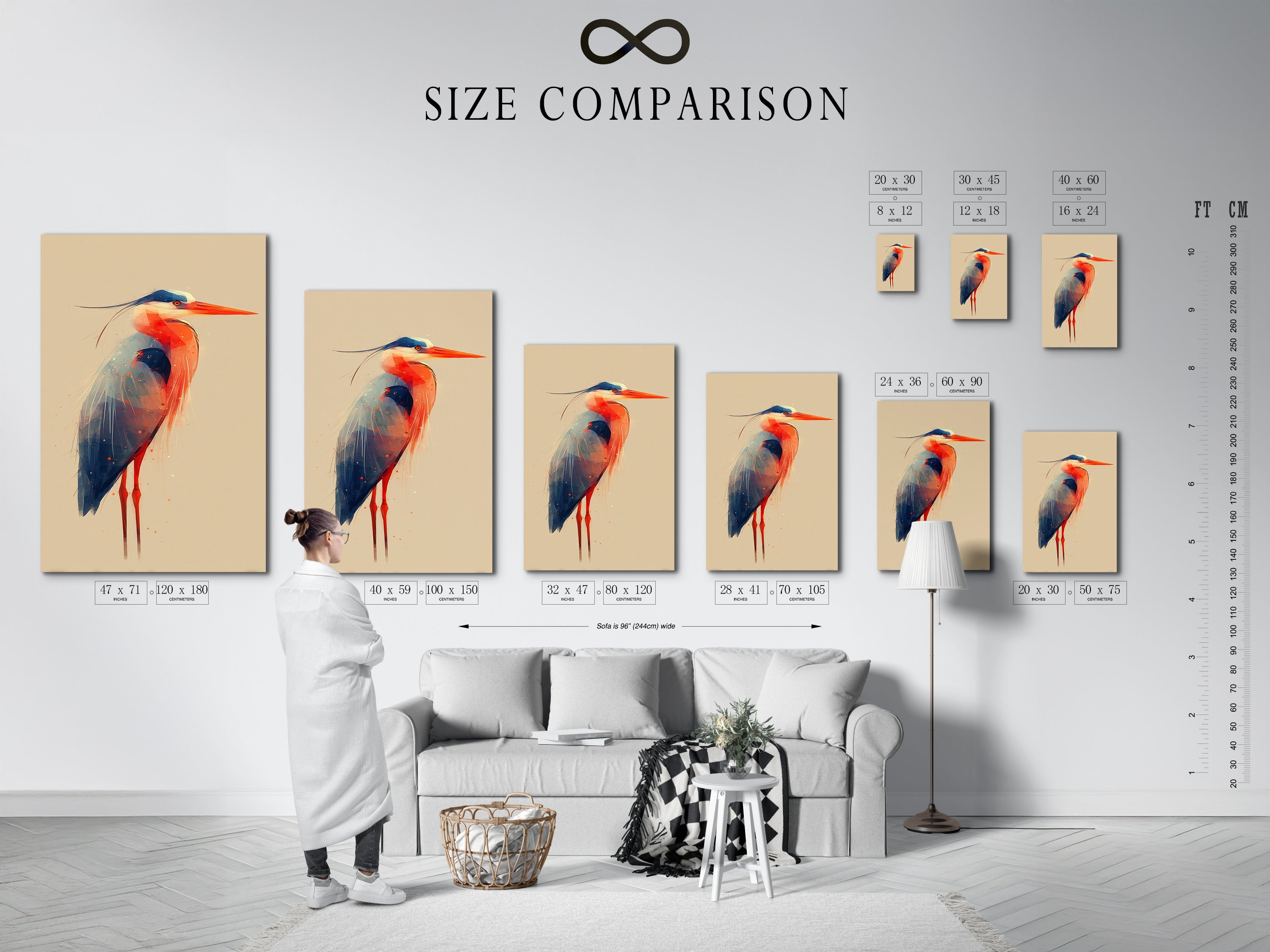 A size comparison chart in an interior setting. Visualize the perfect size for your heron artwork. Choose the ideal dimensions for your bird canvas print. This chart helps you plan your coastal wall art. Find the right fit for your modern nature art. Enhance your space with the perfect-sized artwork.