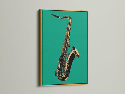 Add a touch of luxury with this saxophone artwork in a gold frame. The teal green and gold create a stunning contrast. This jazz canvas art elevates any space. It's perfect for music room decor. Explore our emerald green art collection today.