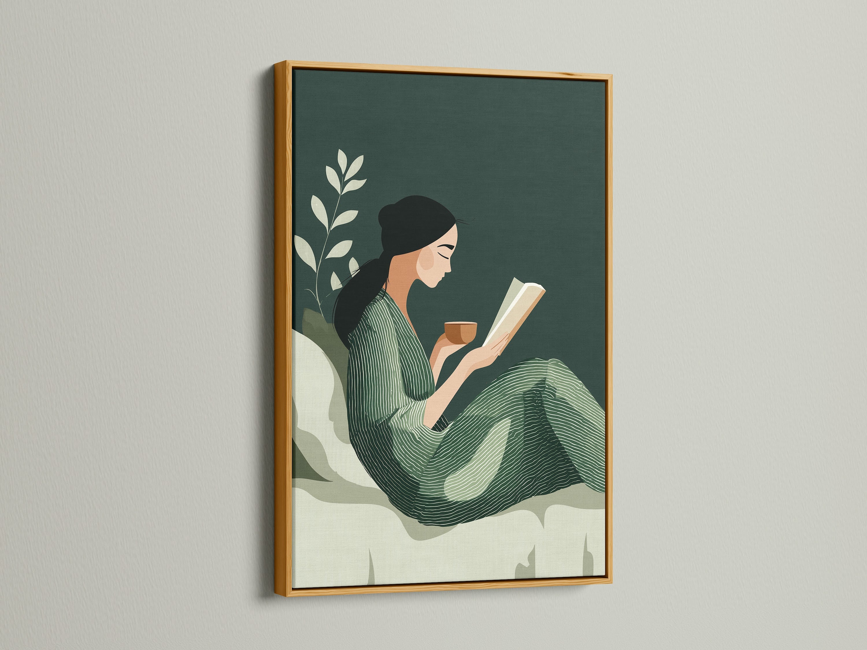 The Reading Woman art print is beautifully displayed in a gold frame. This adds a touch of luxury to the minimalist artwork. The gold frame enhances the sage green botanical print. It's a stylish addition to any living room or study room decor.