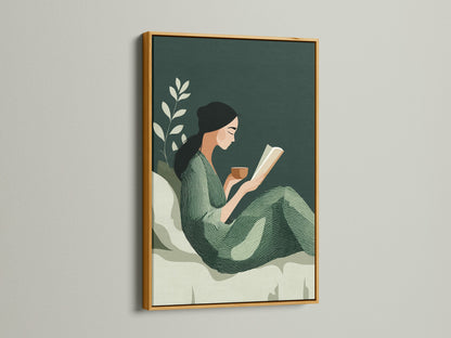The Reading Woman art print is beautifully displayed in a gold frame. This adds a touch of luxury to the minimalist artwork. The gold frame enhances the sage green botanical print. It's a stylish addition to any living room or study room decor.