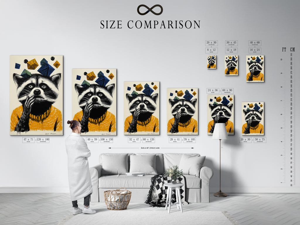 A size comparison chart is displayed in an interior setting. The raccoon art print is shown in various sizes. This whimsical animal wall art is perfect for kids room decor. Visualize the perfect fit for your space with this helpful chart. Choose the ideal size for your animal canvas print and bring a touch of modern charm.
