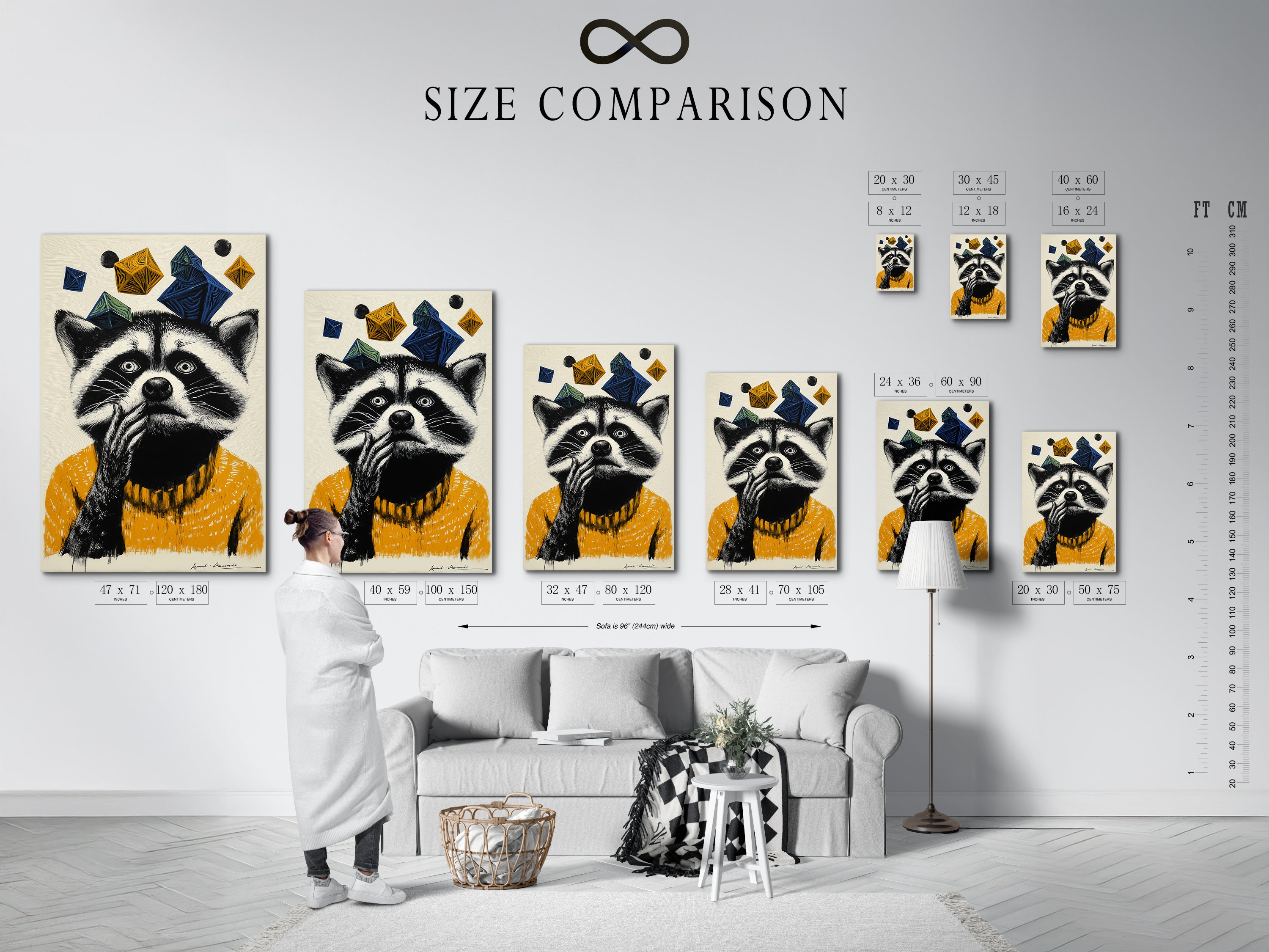 A size comparison chart is displayed in an interior setting. The raccoon art print is shown in various sizes. This whimsical animal wall art is perfect for kids room decor. Visualize the perfect fit for your space with this helpful chart. Choose the ideal size for your animal canvas print and bring a touch of modern charm.