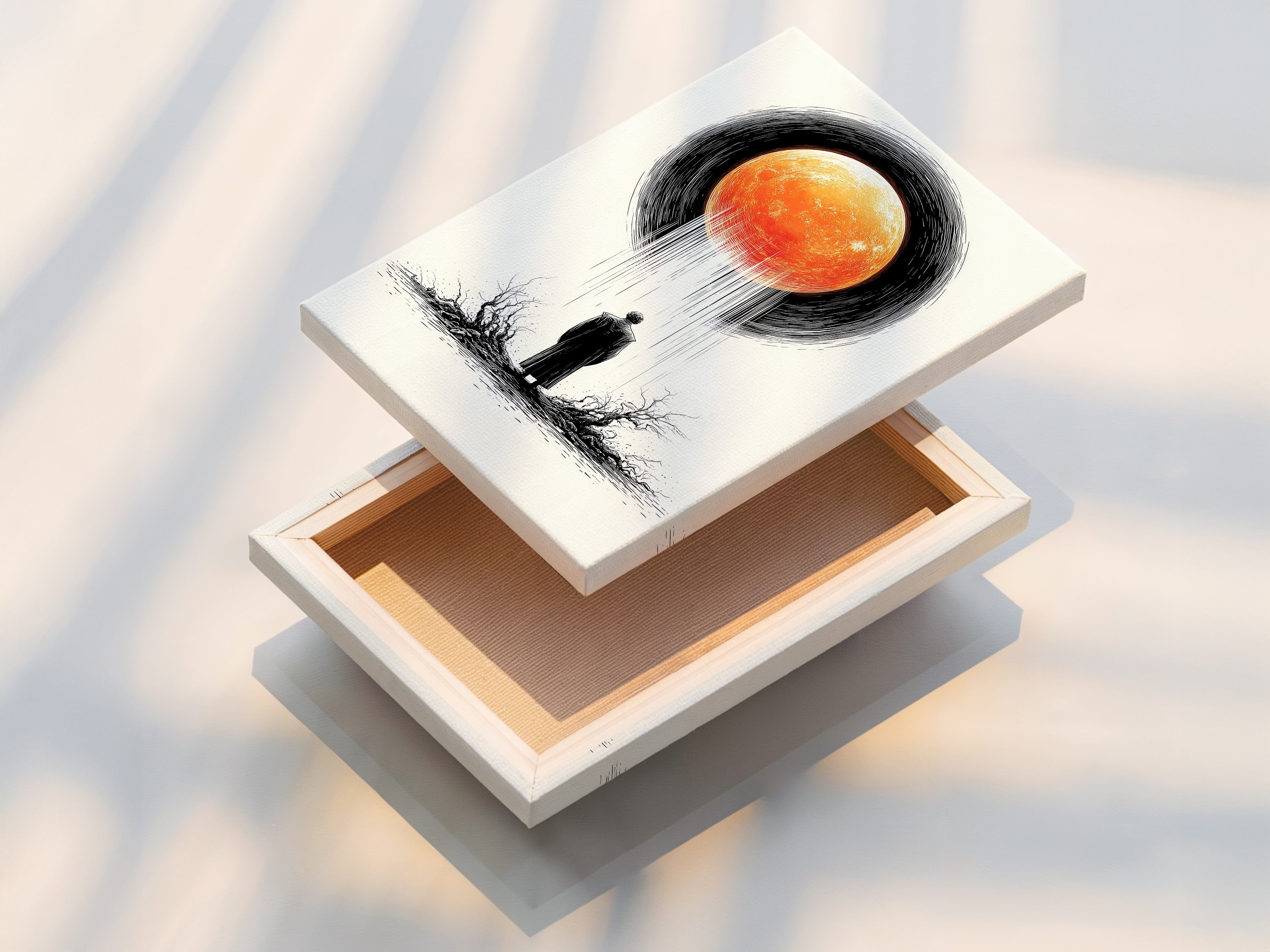 A stretched canvas print featuring surreal eclipse art. This dramatic orange celestial artwork is ready to hang. Perfect for living room wall art and office decor. The man and moon canvas adds a modern touch.