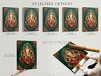 Available options for Ganesha Wall Art. Choose from stretched canvas prints fine art poster paper or a floating frame. This Hindu artwork features a spiritual elephant god. The teal and gold colors add elegance. Find the perfect piece for your space.