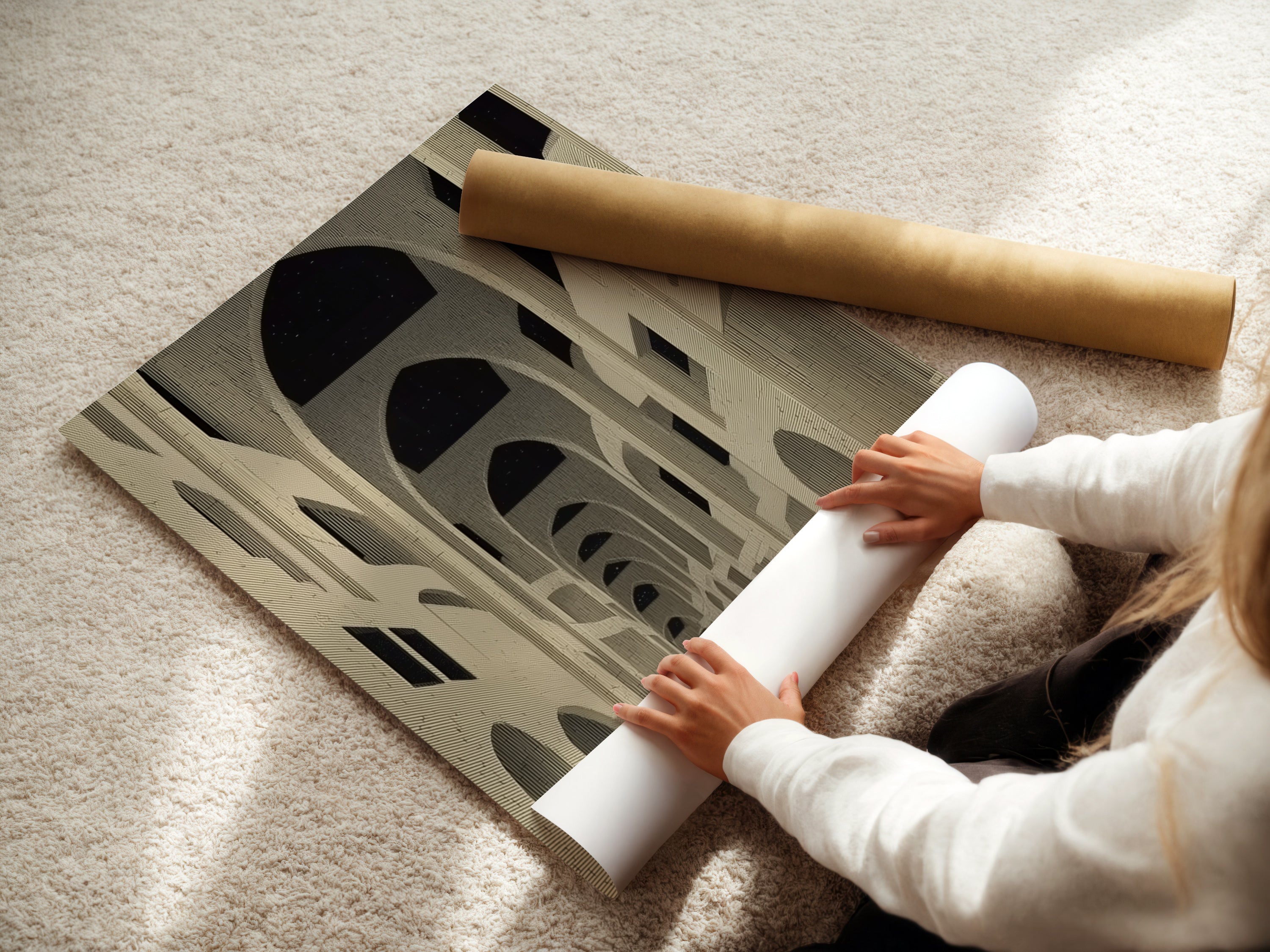 A woman carefully handles fine art poster paper. She prepares to create a stunning gothic cathedral art print. The process highlights the care in creating vintage architecture wall art. Each medieval church canvas is made with precision.