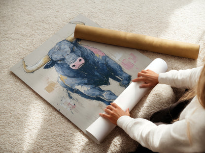 A woman is carefully rolling a fine art poster paper. The bull art is a modern animal canvas. This abstract print is a great piece of farmhouse decor. A perfect piece of art for study room wall art.