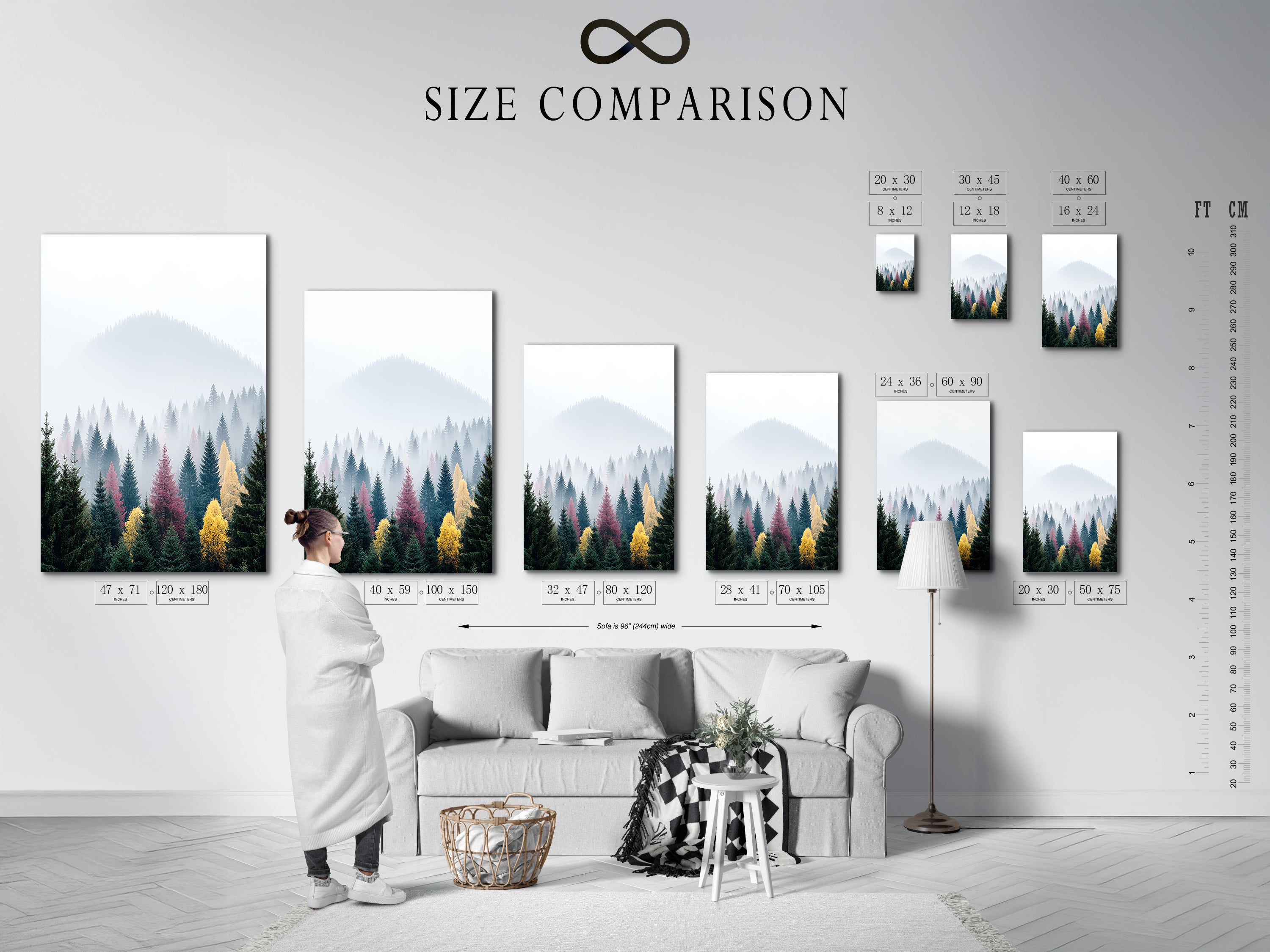 A size comparison chart in an interior setting. This helps you visualize the perfect fit for your space. Featuring mountain forest canvas prints and fine art options. Find the ideal size for your landscape wall art. Transform your decor today.