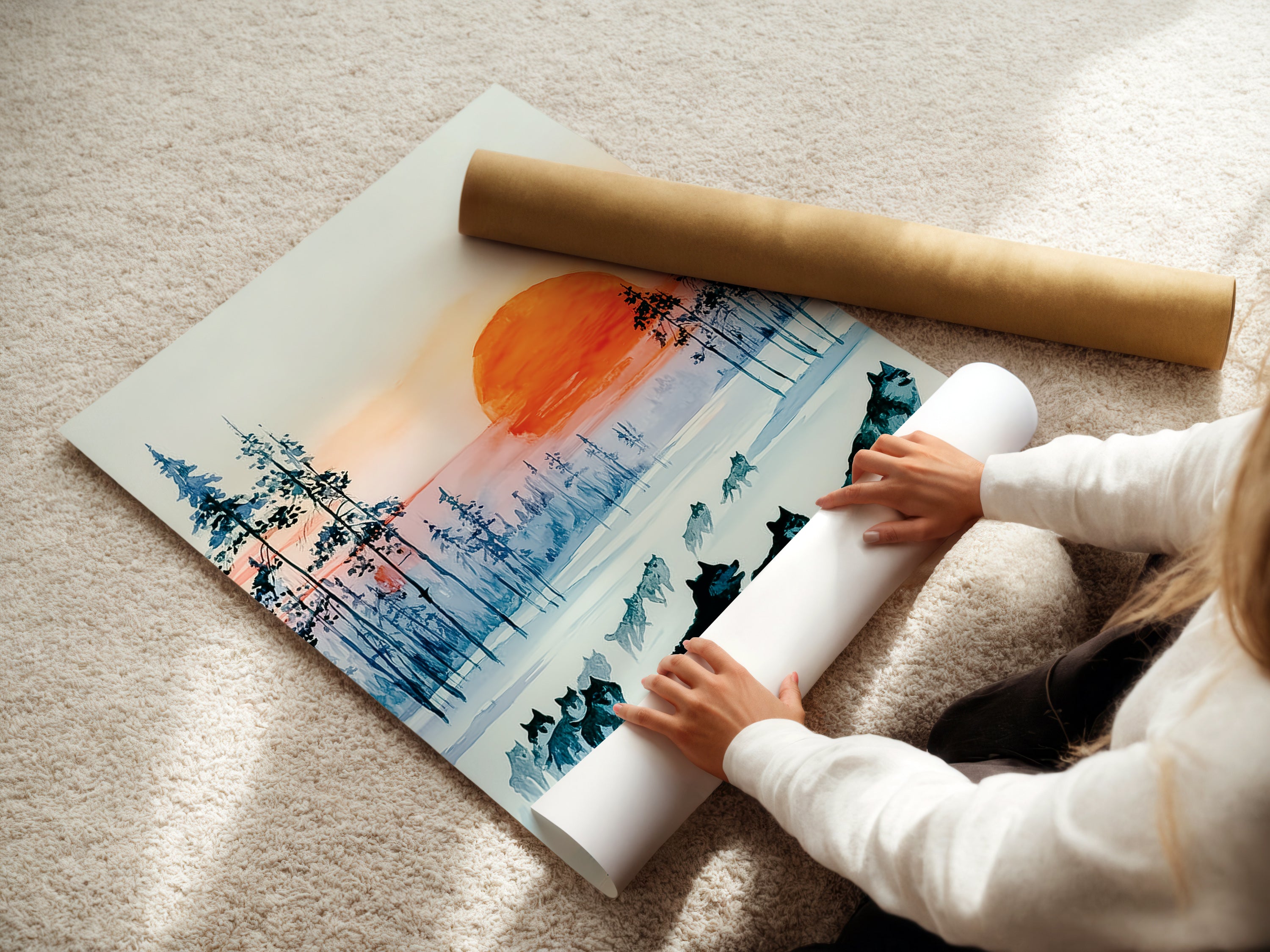 A woman is carefully rolling a fine art poster paper. The artwork features a wolf pack in a winter forest. The teal blue landscape is perfect for cabin decor. Ideal for art enthusiasts.