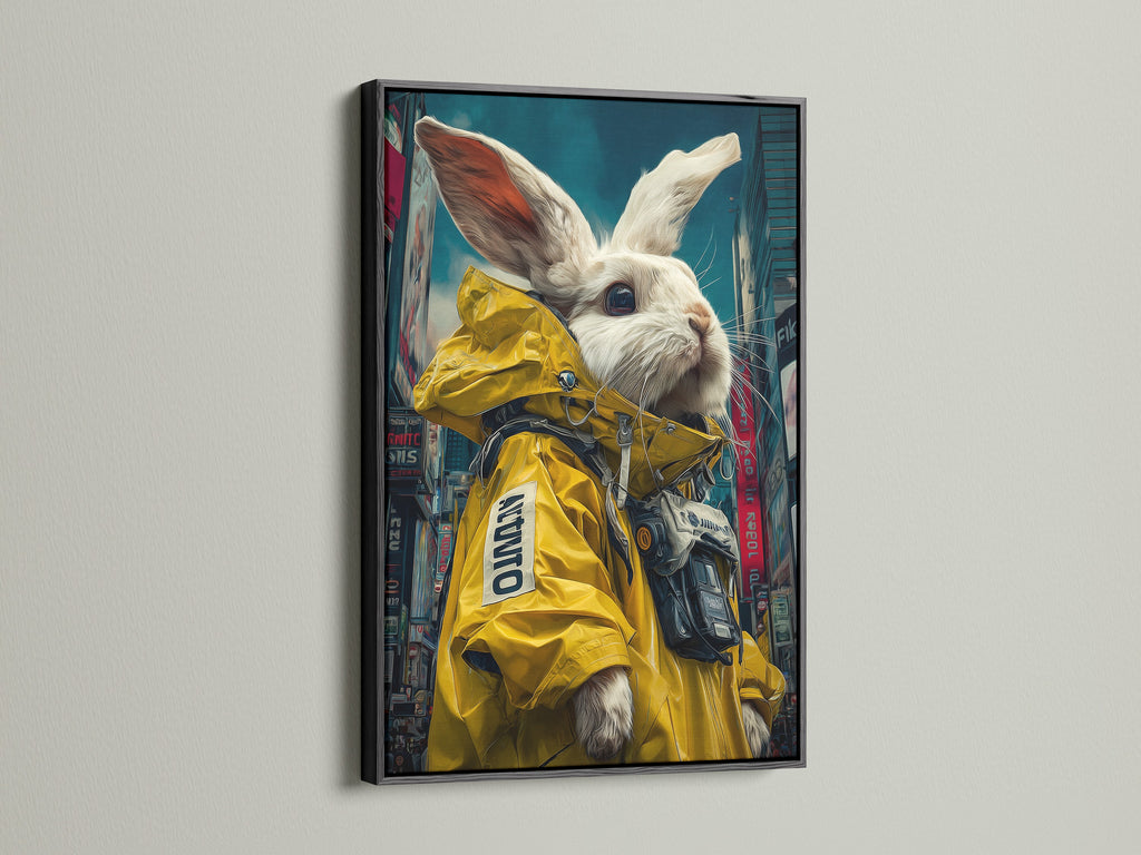 A cyberpunk rabbit art print is displayed in a black frame. The artwork shows a rabbit in a yellow jacket. The black frame adds a bold touch to its modern pop style. Perfect for edgy contemporary spaces or urban themed homes. This artwork is available on canvas or fine art paper.