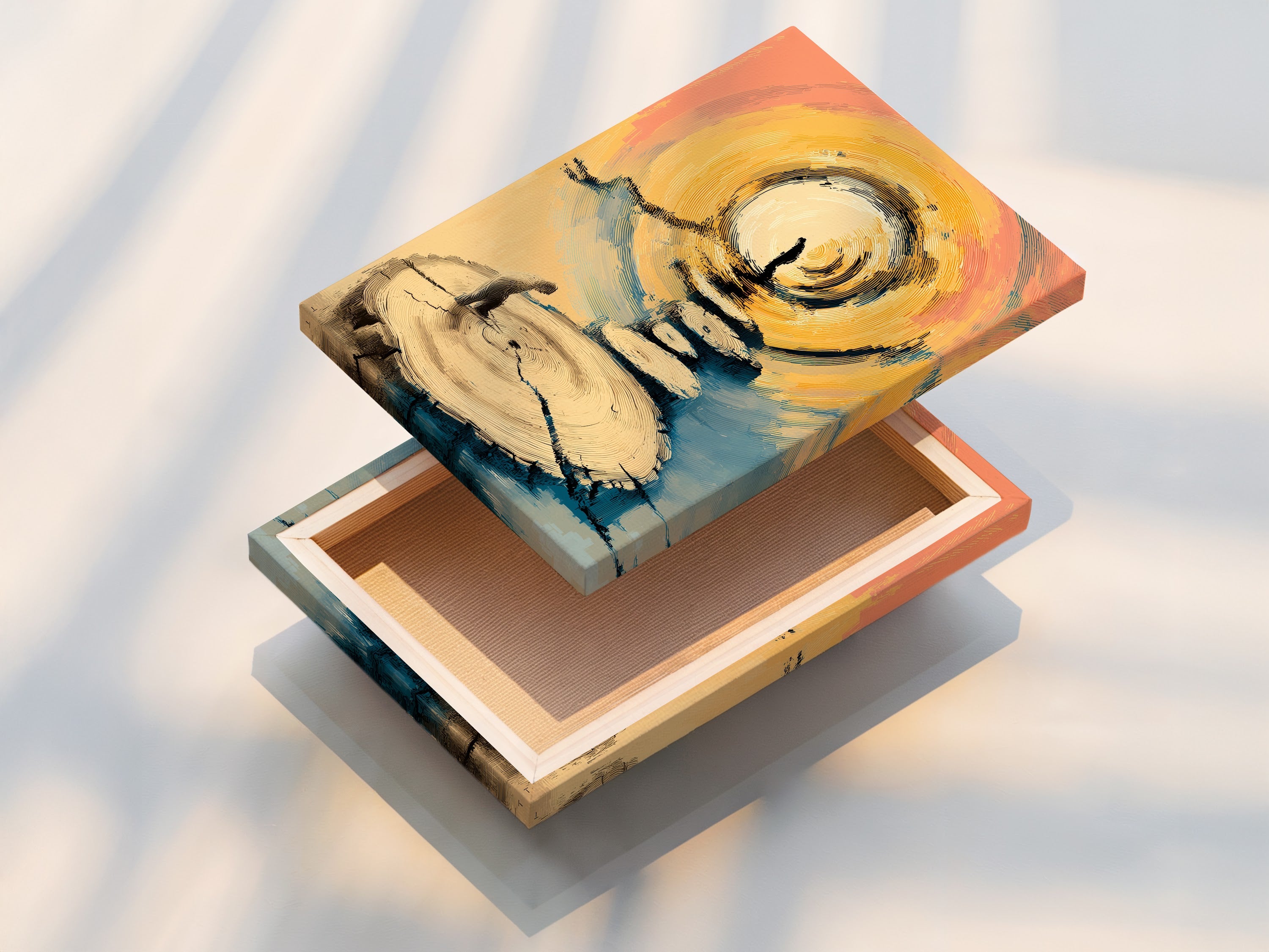 A stretched canvas print of zen stone stack artwork is on display. The canvas provides a textured and vibrant display. It is ready to hang and enjoy in any space. Perfect for meditation wall art or modern wall art.